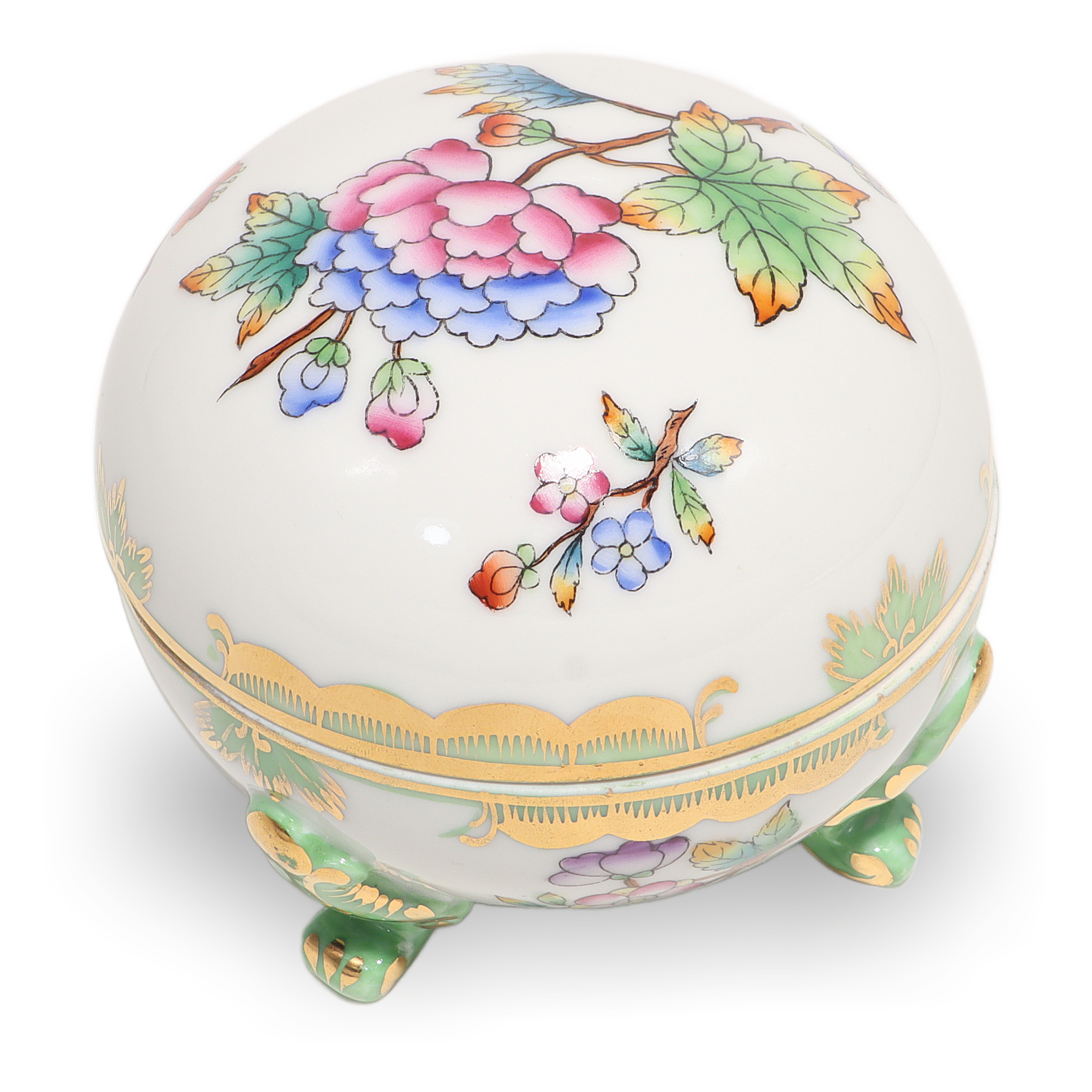 Herend Queen Victoria Three Footed Trinket Box Floral Design Close Up Thumbnail for Herend Queen Victoria Three Footed Trinket Box - Floral Design Porcelain Bonbonniere