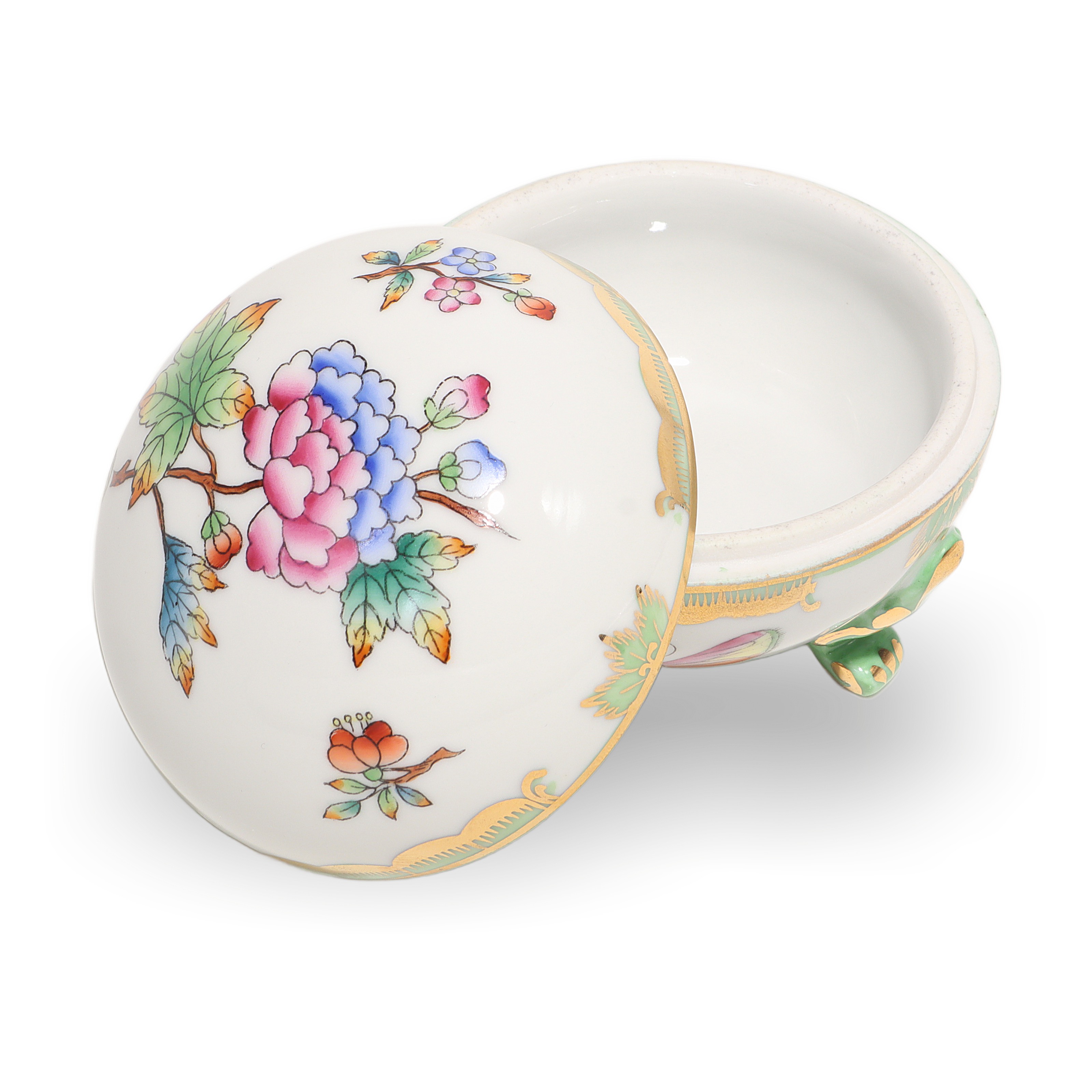 Herend Queen Victoria Three Footed Trinket Box Floral Design Close Up Thumbnail for Herend Queen Victoria Three Footed Trinket Box - Floral Design Porcelain Bonbonniere