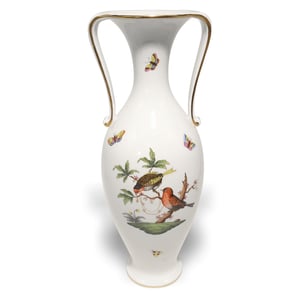 Herend Rothschild hand painted porcelain amphora vase with bird and butterfly design, vintage collectible large vase