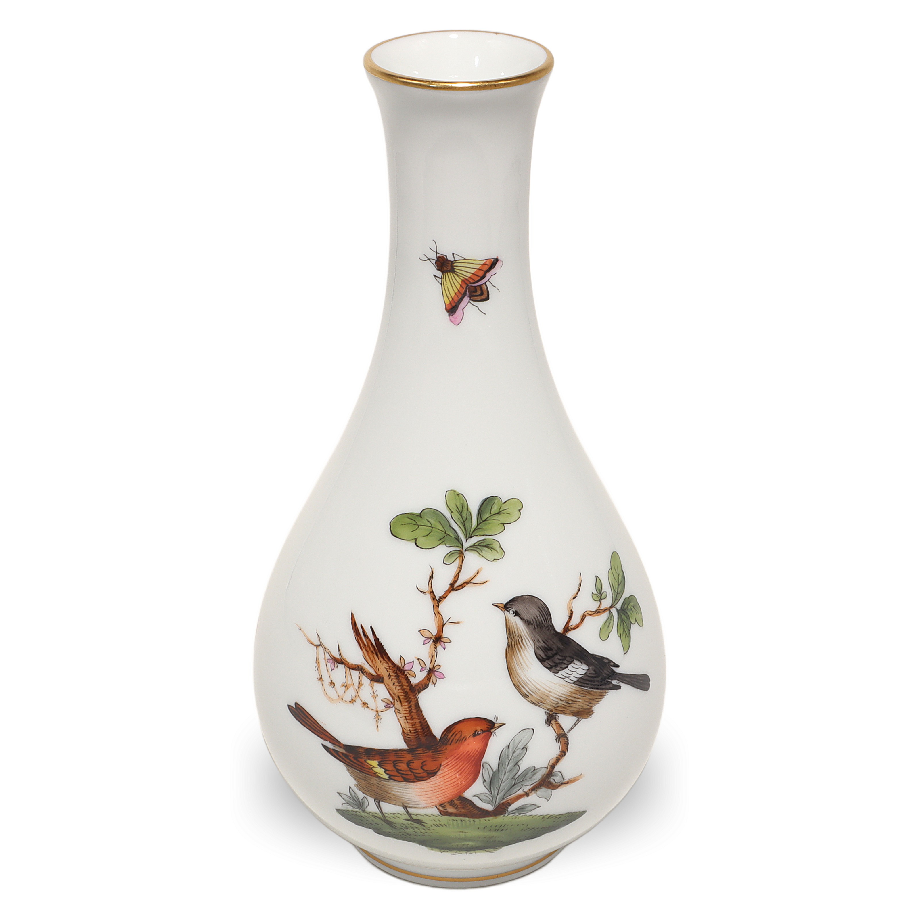 Herend Rothschild porcelain bud vase with hand painted birds and butterfly, vintage collectible home decor