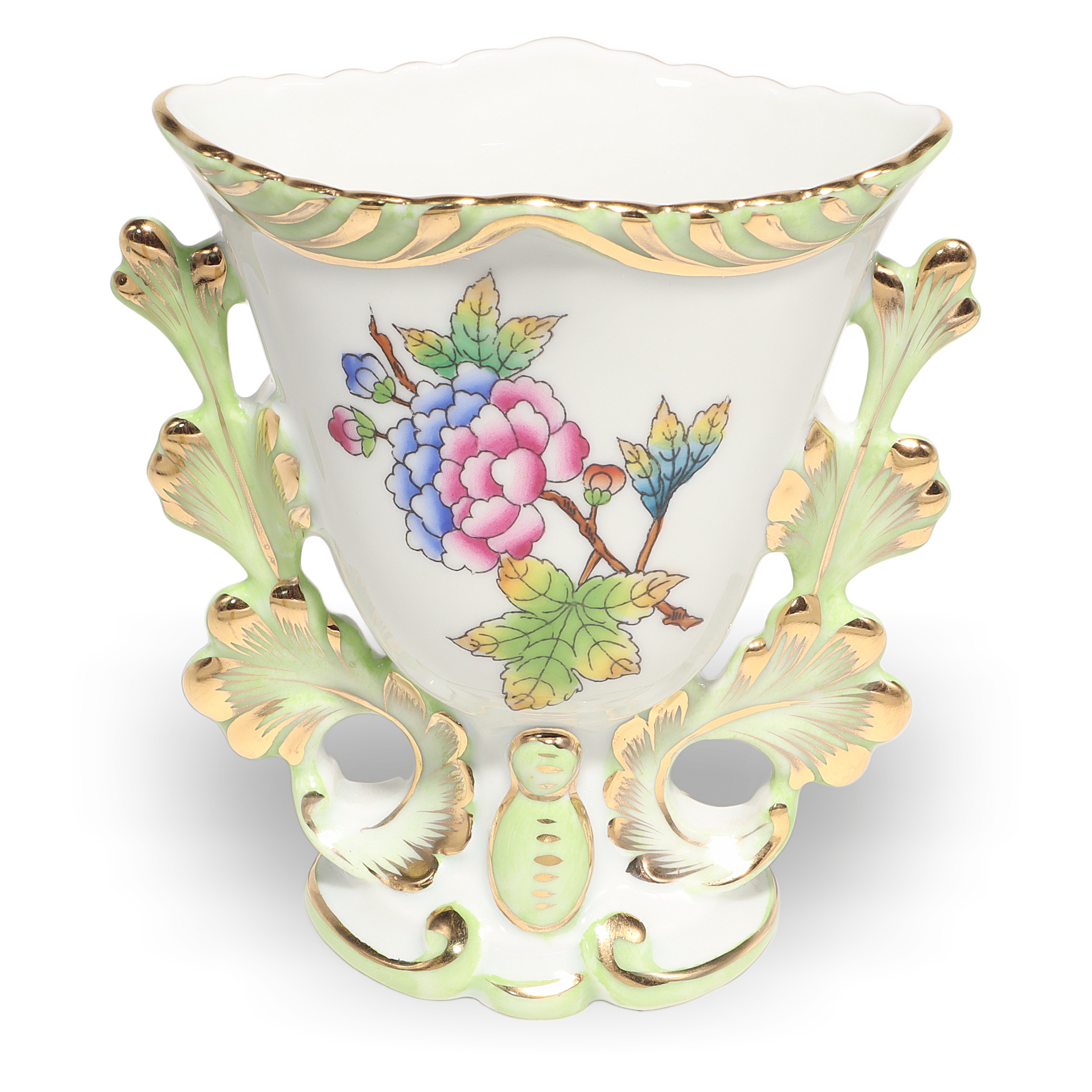 Herend Queen Victoria porcelain vase with gilded rococo floral pattern, vintage decorative collectible