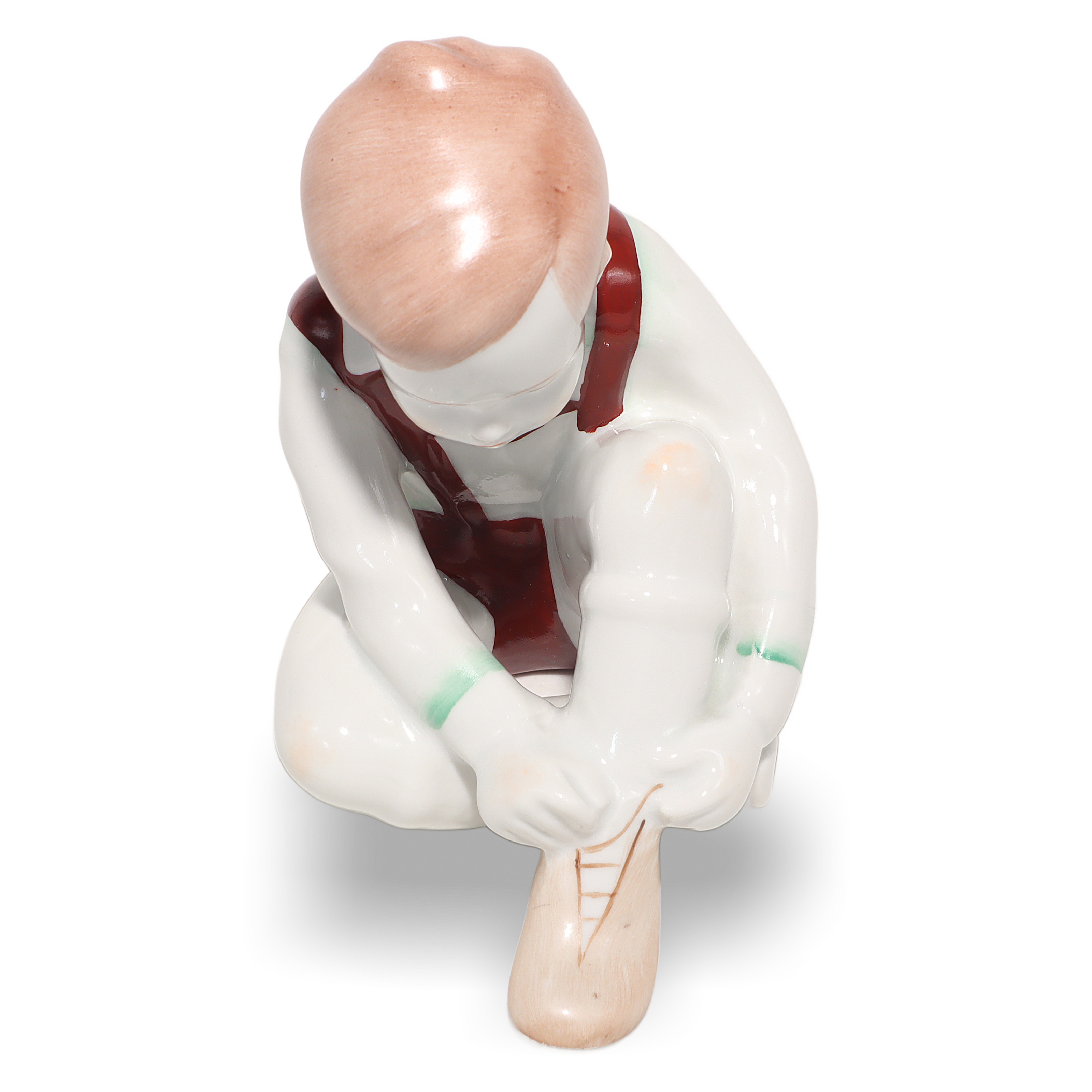 Porcelain Figurine Boy Tying Shoe - Vintage Aquincum Hungary