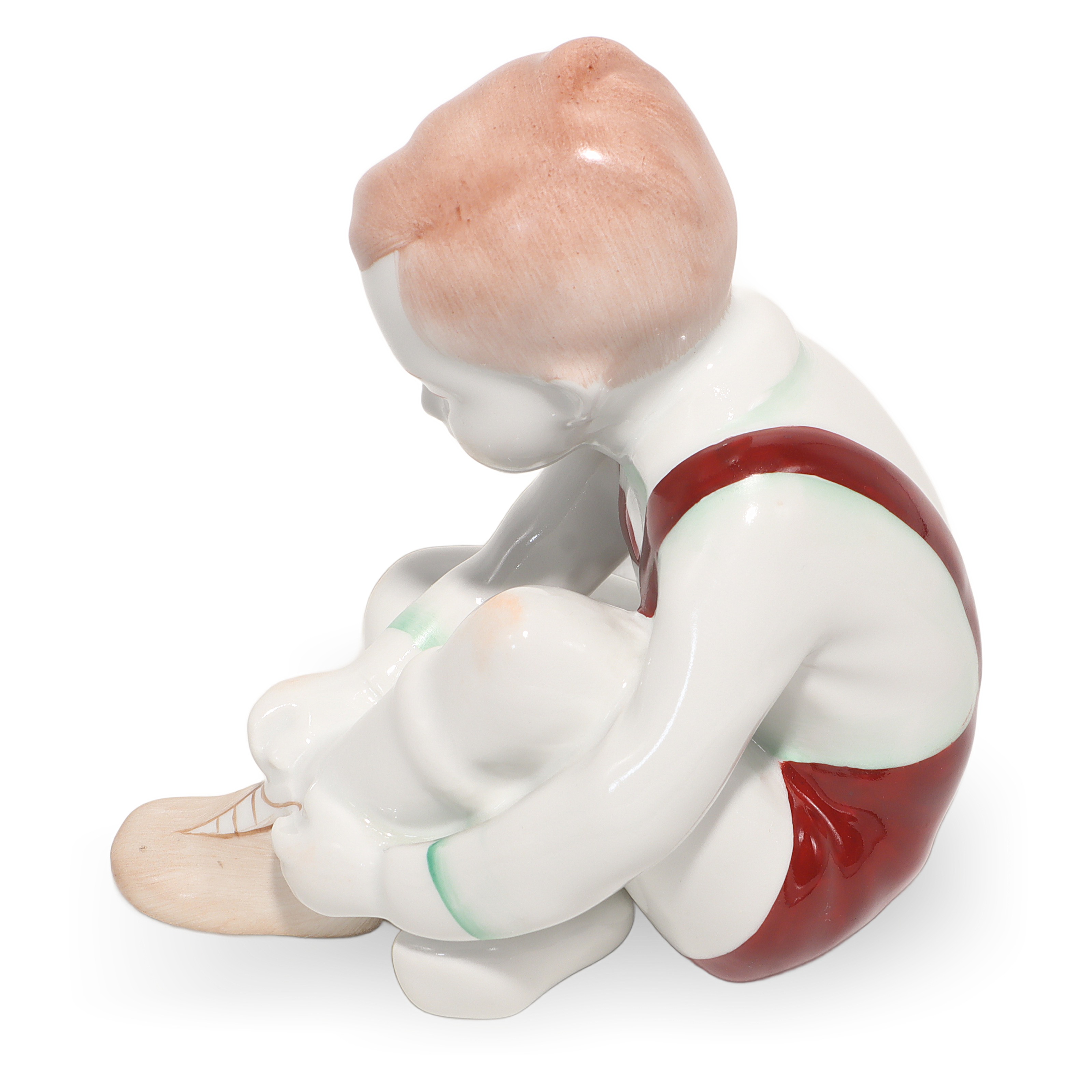 Thumbnail for Porcelain Figurine Boy Tying Shoe - Vintage Aquincum Hungary