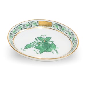 Herend Apponyi Green ring tray porcelain plate with hand-painted green floral pattern and gold rim