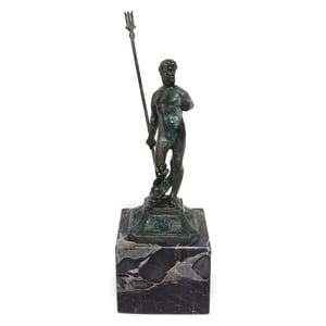 Bronze Poseidon statue with trident on marble base, classical Greek mythology sculpture, front view