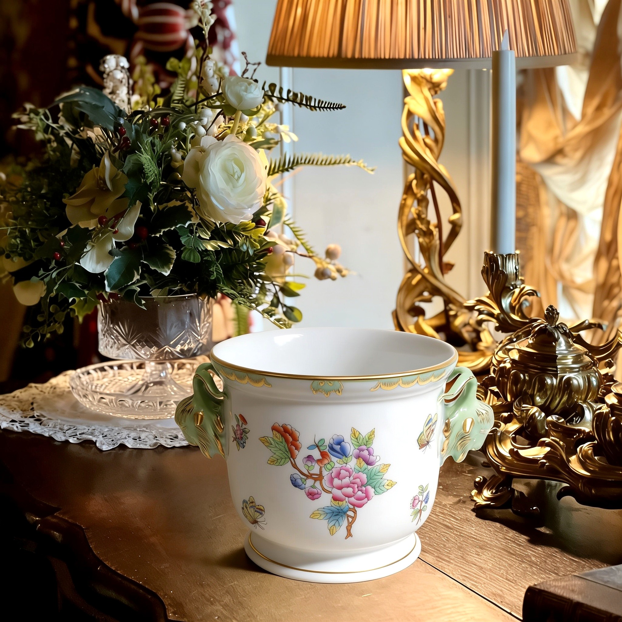 Herend cachepot Queen Victoria vintage porcelain planter with ram head handles, floral pattern, luxury home decor