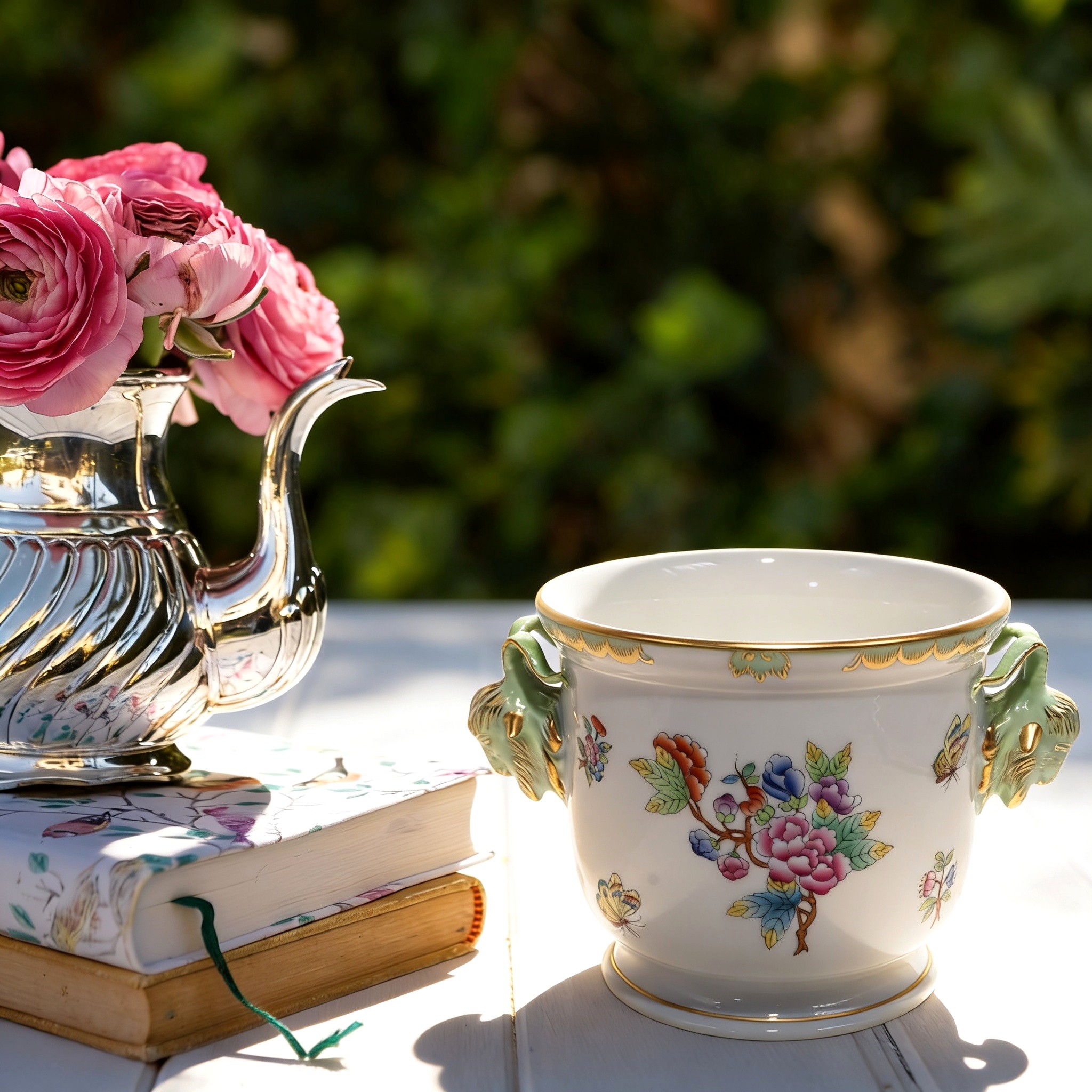 Herend cachepot Queen Victoria ram head planter vintage porcelain floral design close up on garden table