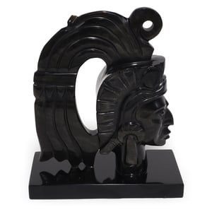 Aztec warrior obsidian book stop, vintage black stone sculptural bookend, Mesoamerican art decor