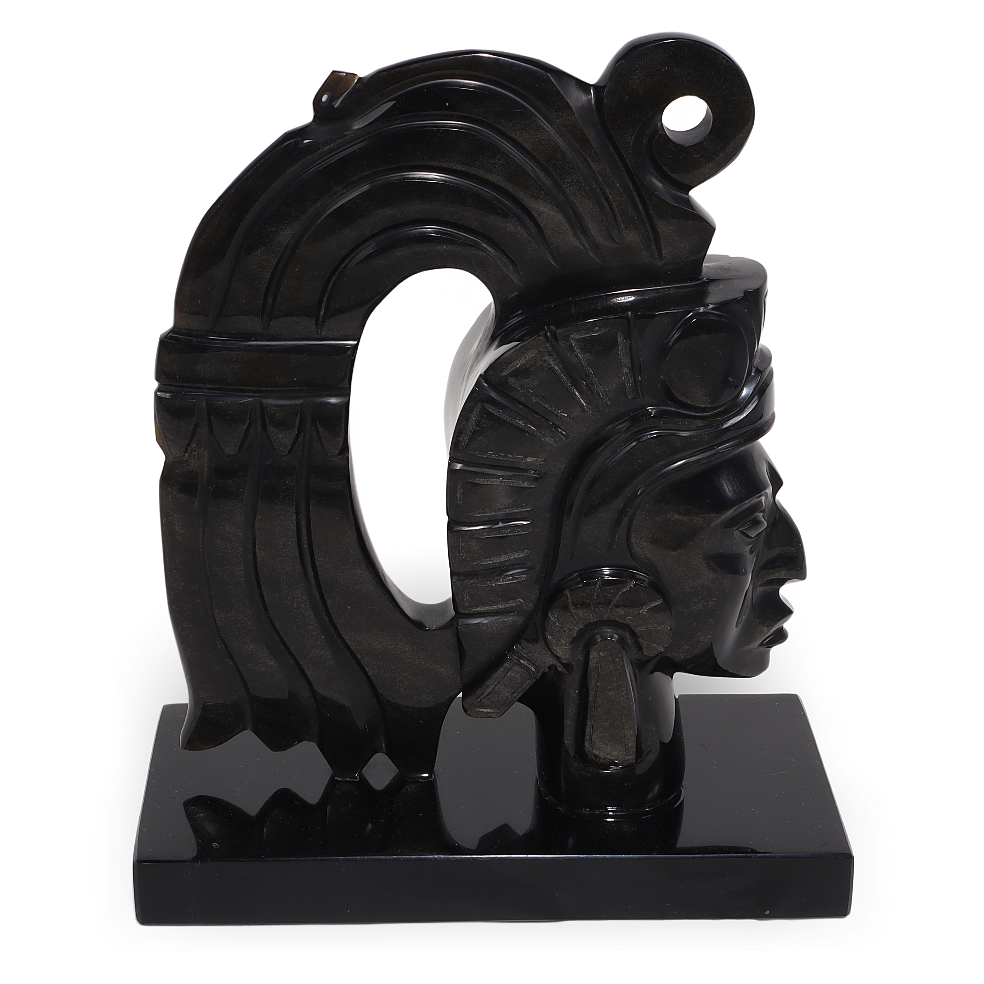 Aztec warrior obsidian book stop, vintage black stone sculptural bookend, Mesoamerican art decor