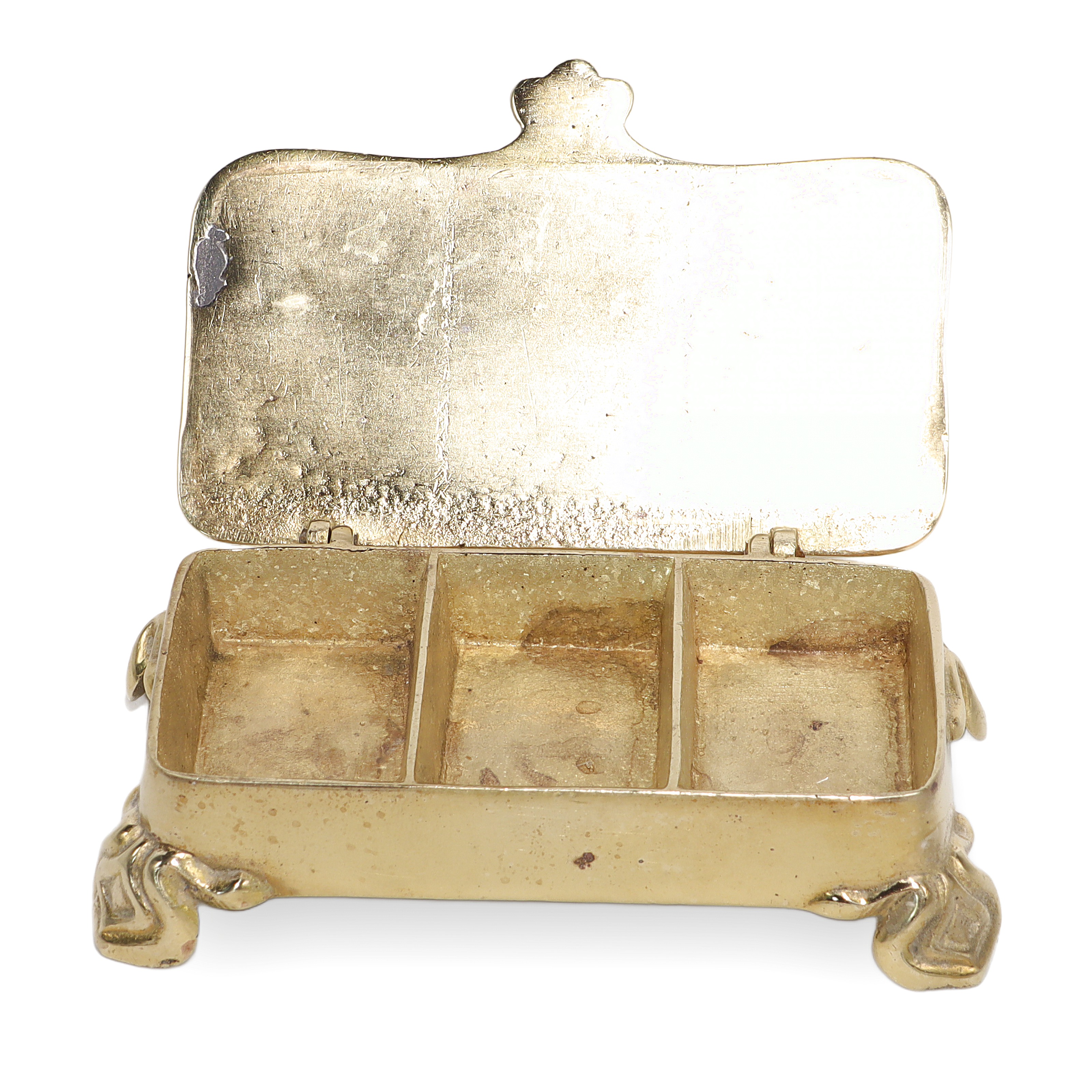 Brass stamp box with open lid and three compartments, vintage collectible stationery holder