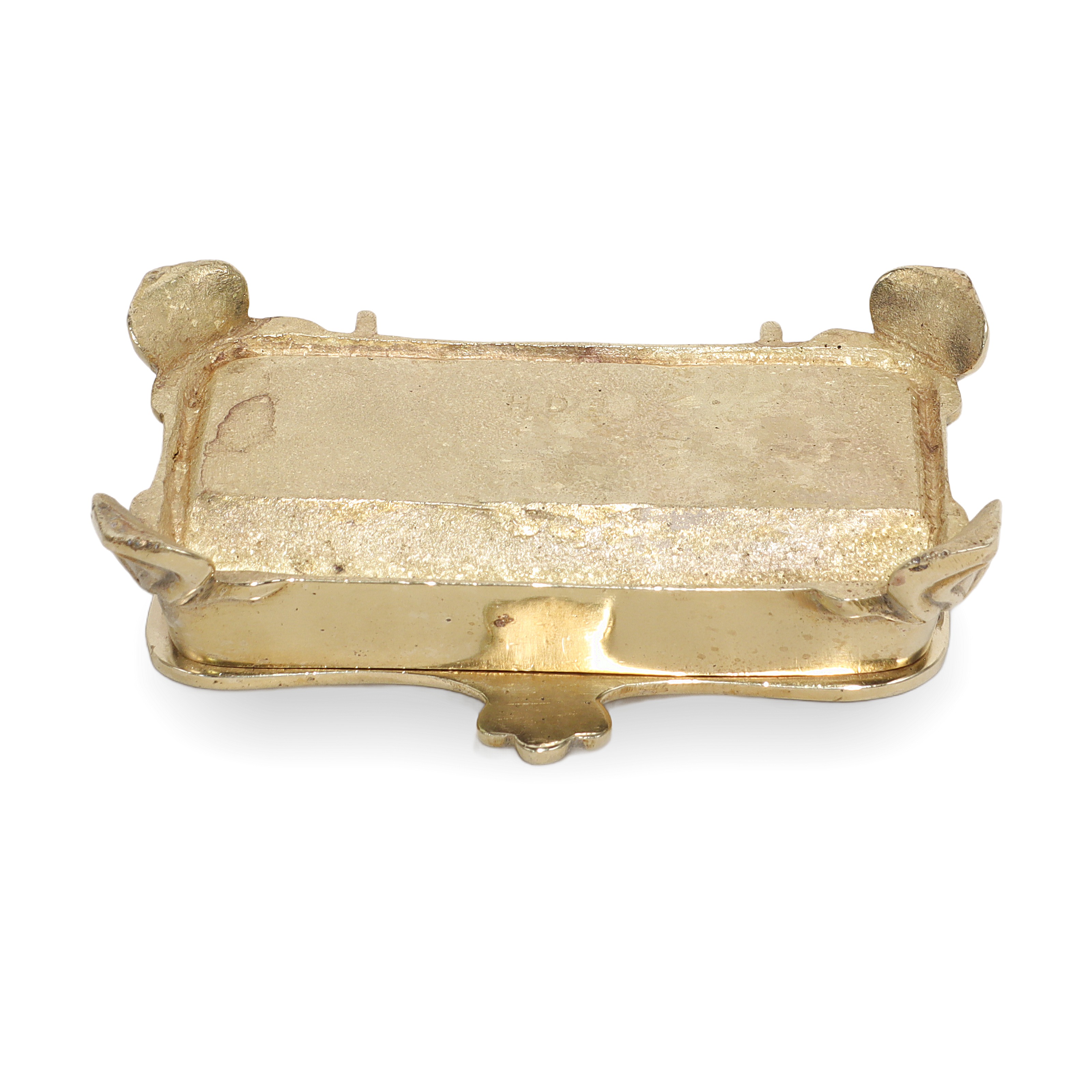Brass stamp box base detailed view, antique collectible postal accessory