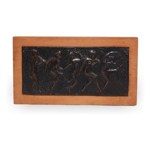 Bronze relief vintage wall art featuring dancing figures, detailed textured bronze artwork on wooden frame