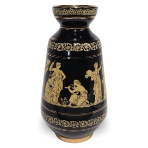 Greek Key vase with real gold painted mythological figures, black Art Nouveau decorative collectible