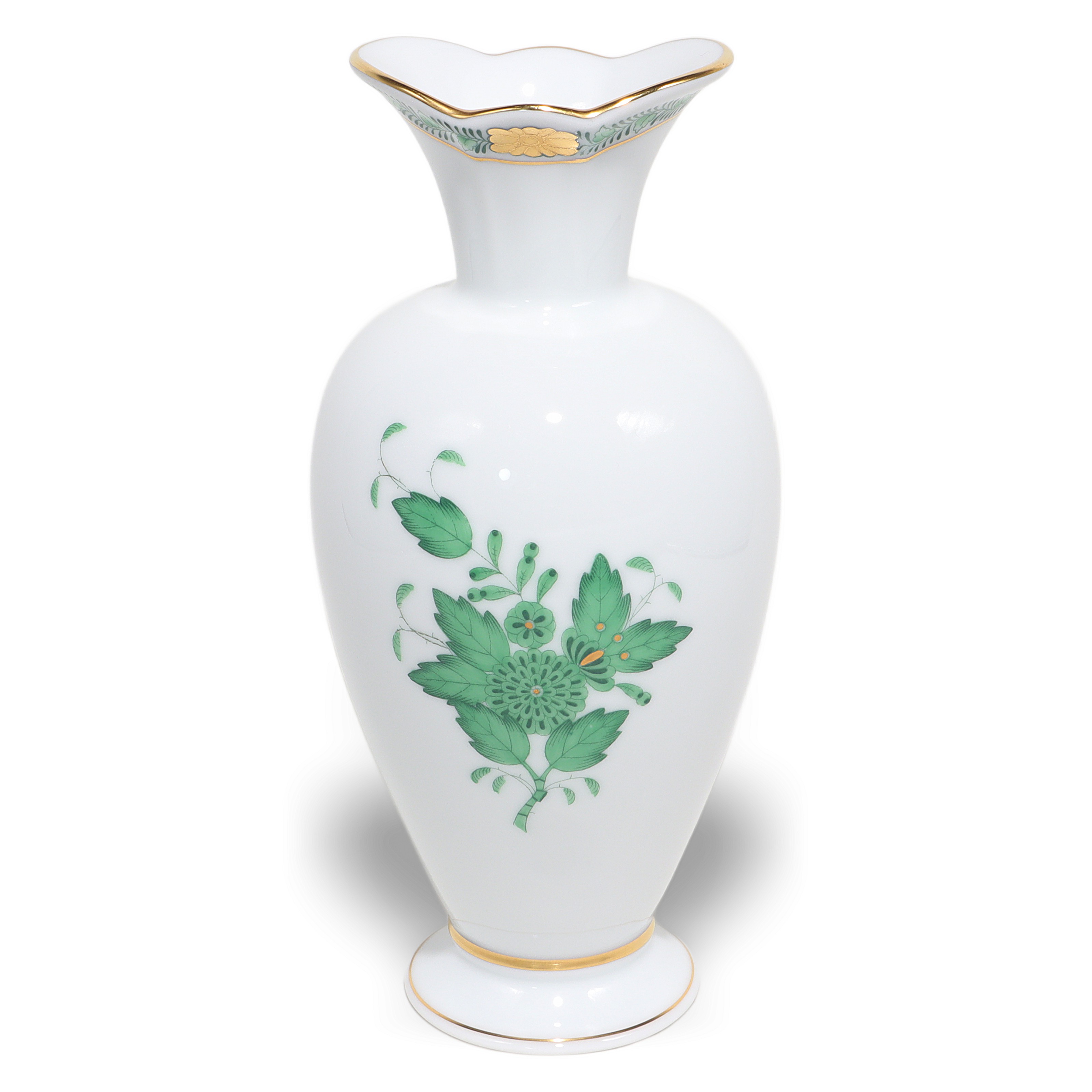 Herend porcelain vase with hand-painted green floral design and gold rim, vintage collectible home decor