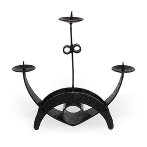 Iron candelabra brutalist style vintage three arm candle holder black metal centerpiece