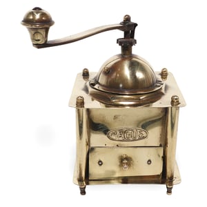 Magus brass coffee grinder antique hand crank mill front view with drawer and dome lid