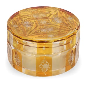 Bohemian amber cut glass trinket box with floral engraving, vintage Art Deco decorative storage container