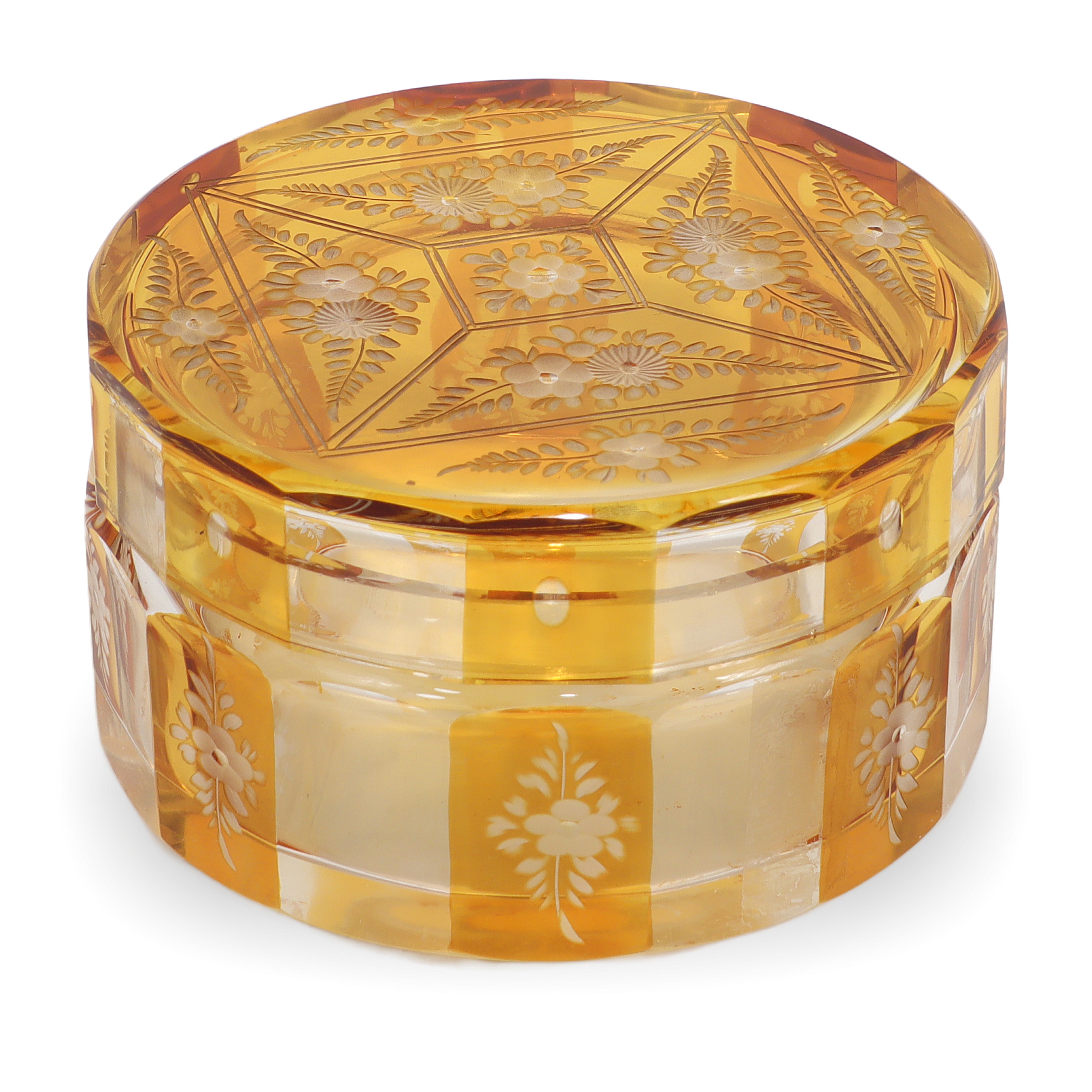 Bohemian amber cut glass trinket box with floral engraving, vintage Art Deco decorative storage container