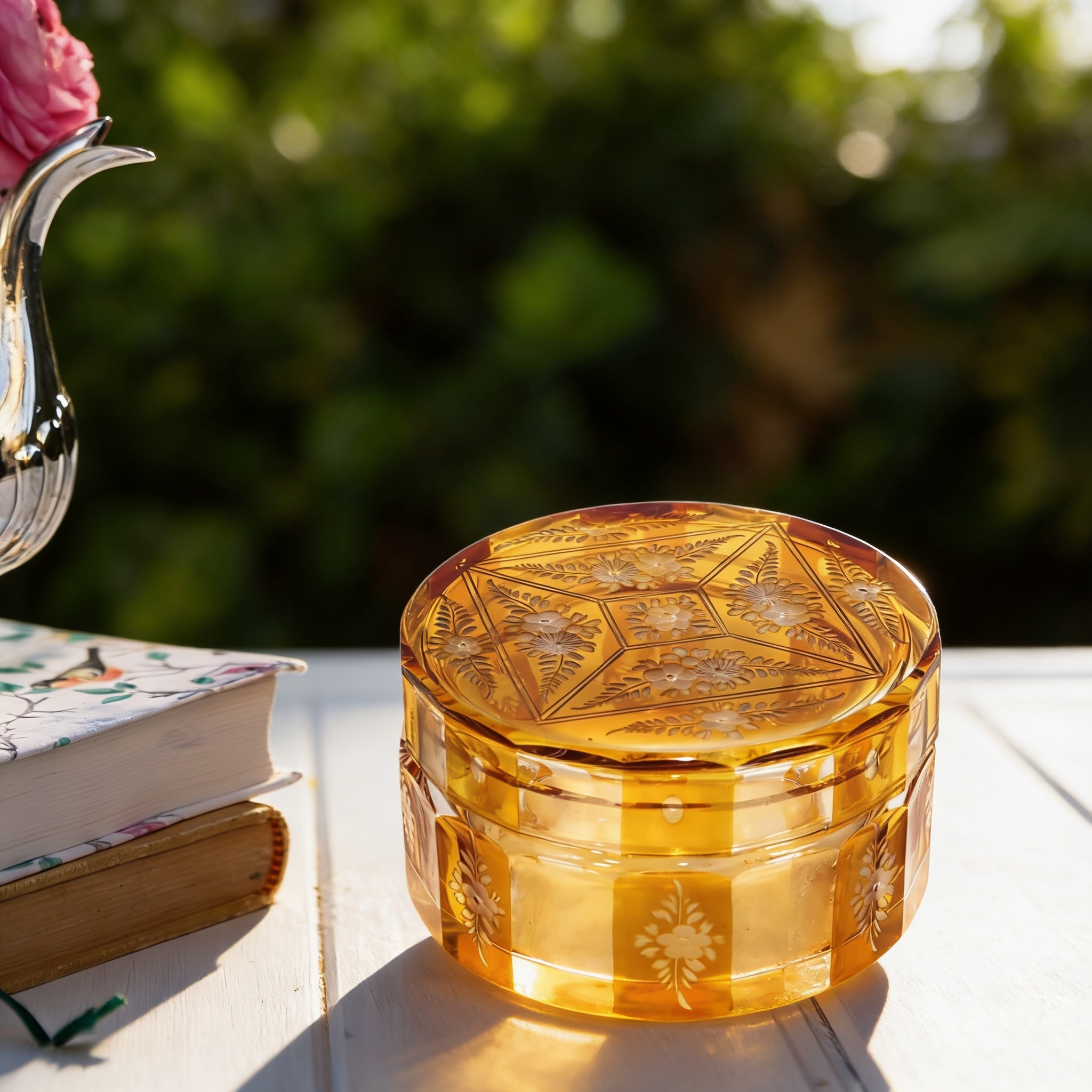 Bohemian amber cut glass trinket box with floral engraving, vintage Art Deco decorative container, sunlight detailed view