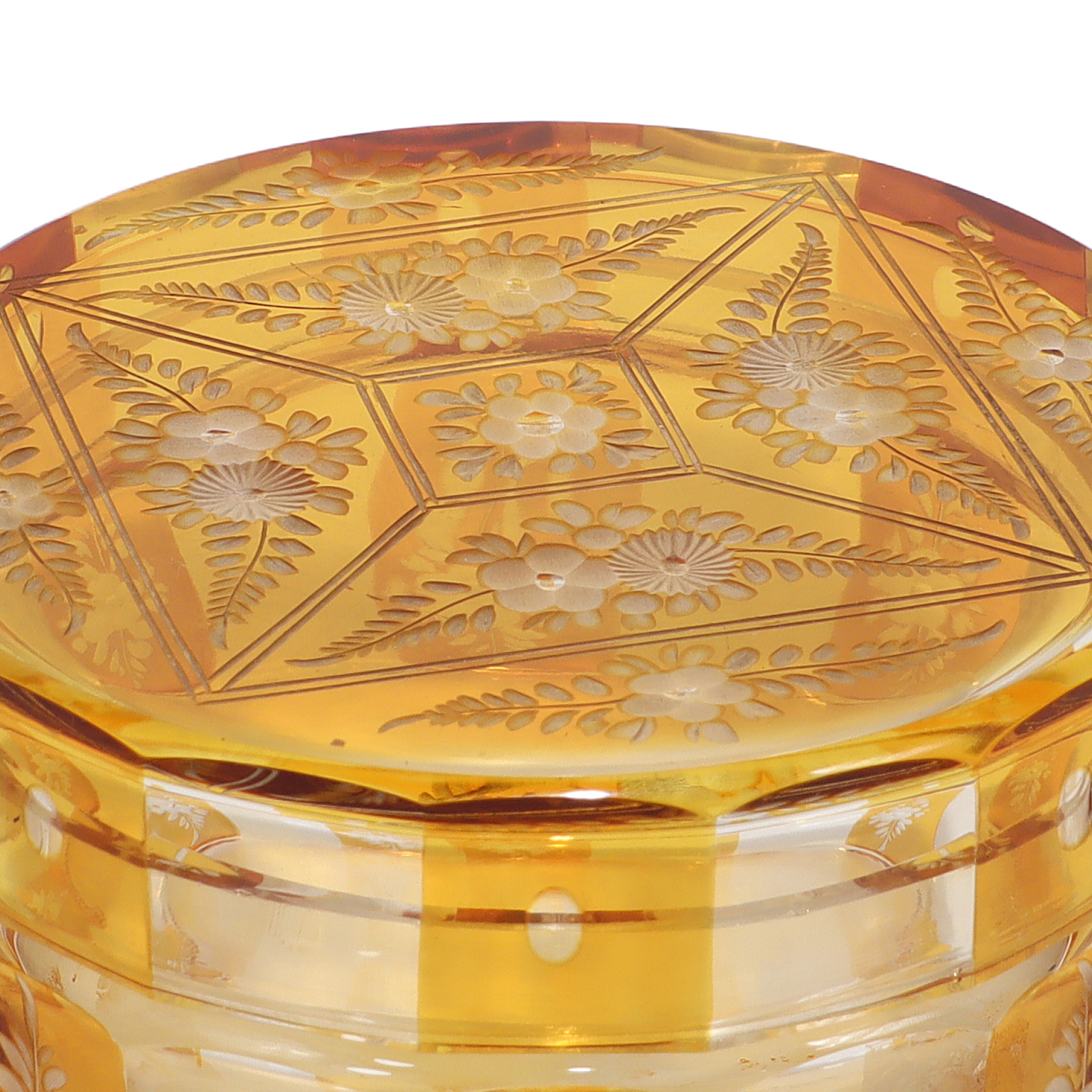 Bohemian amber cut glass trinket box detailed view with floral engraving, Art Deco vintage collectible