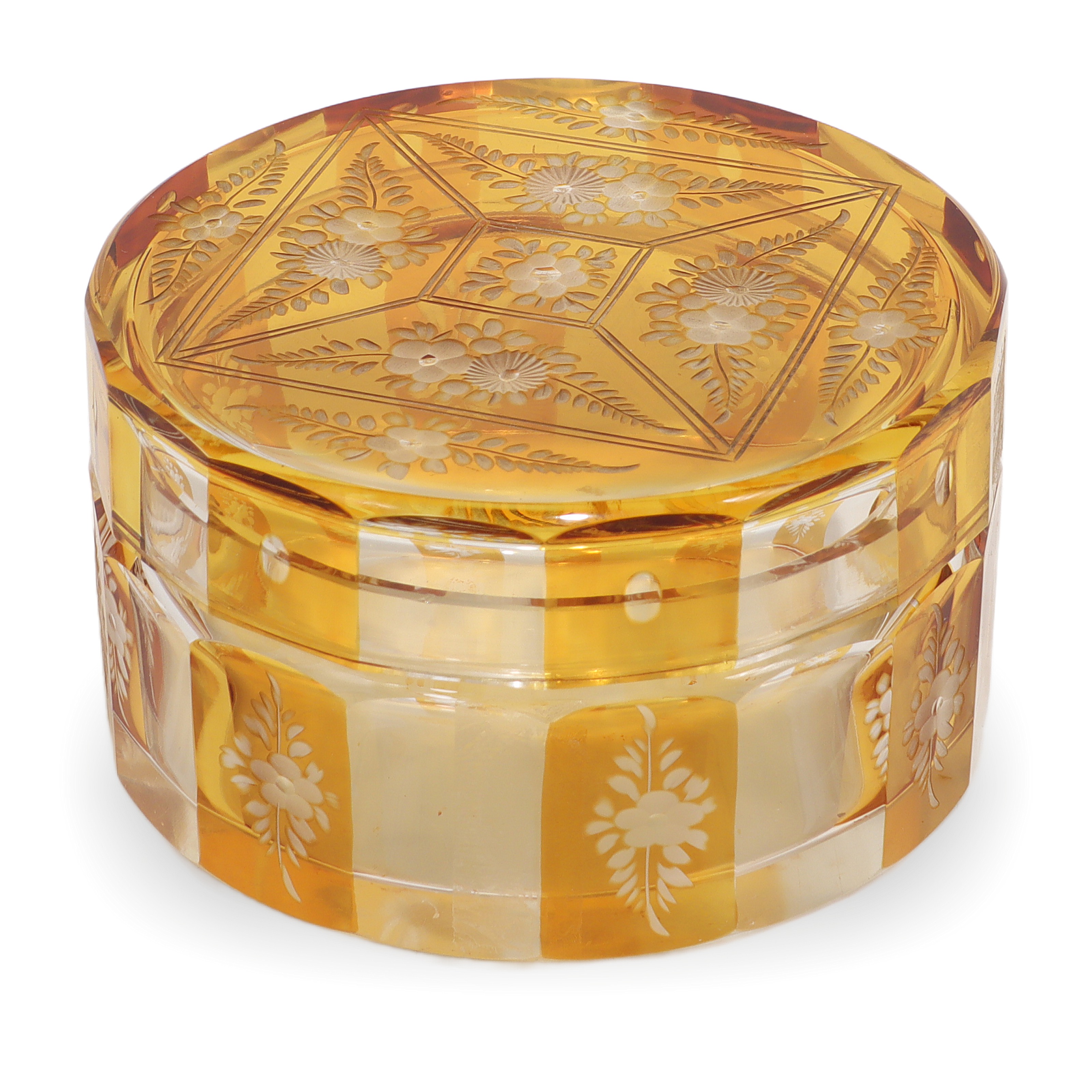 Bohemian amber cut glass trinket box with floral engraving, Art Deco vintage collectible container