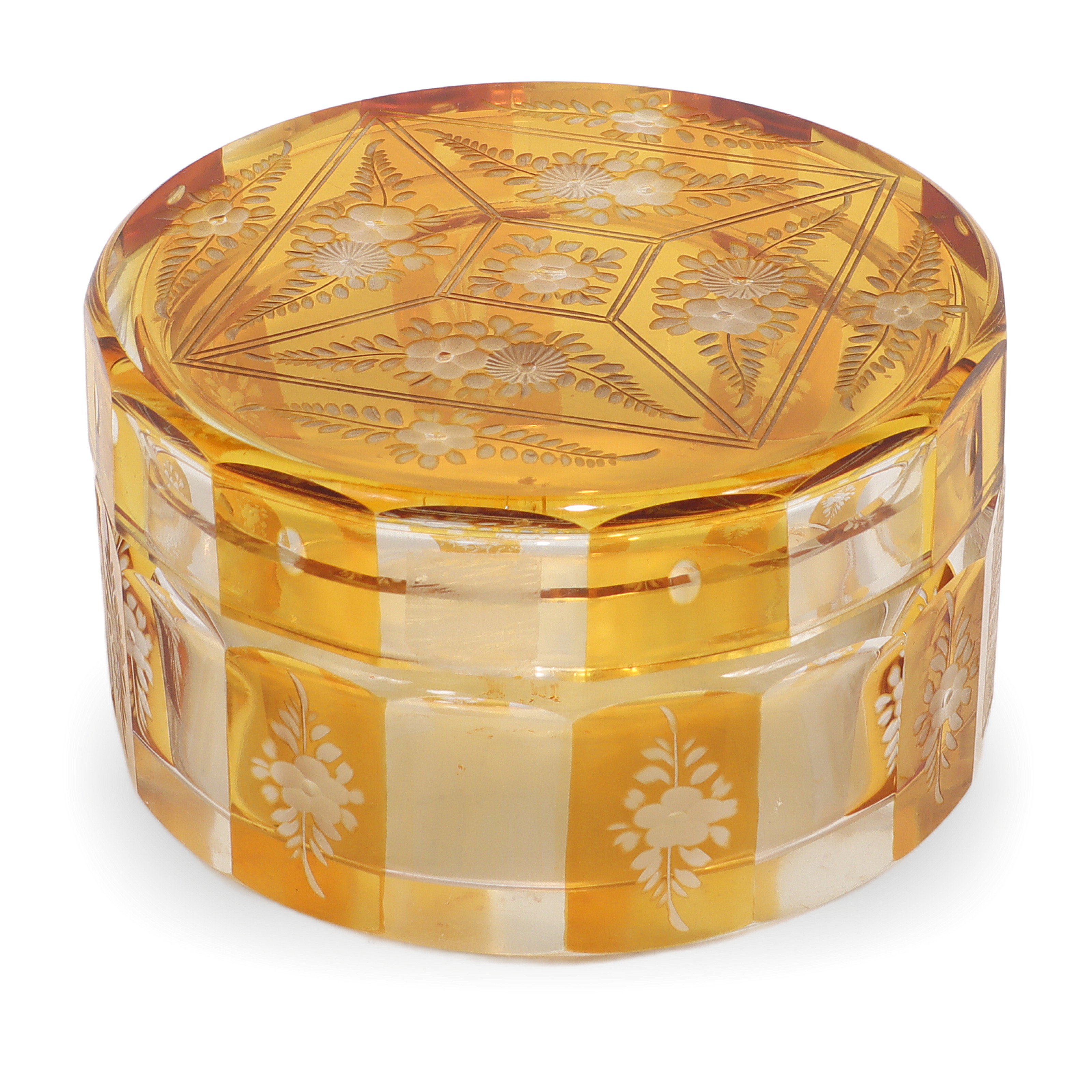 Bohemian amber cut glass trinket box with floral engraving, vintage Art Deco decorative storage container