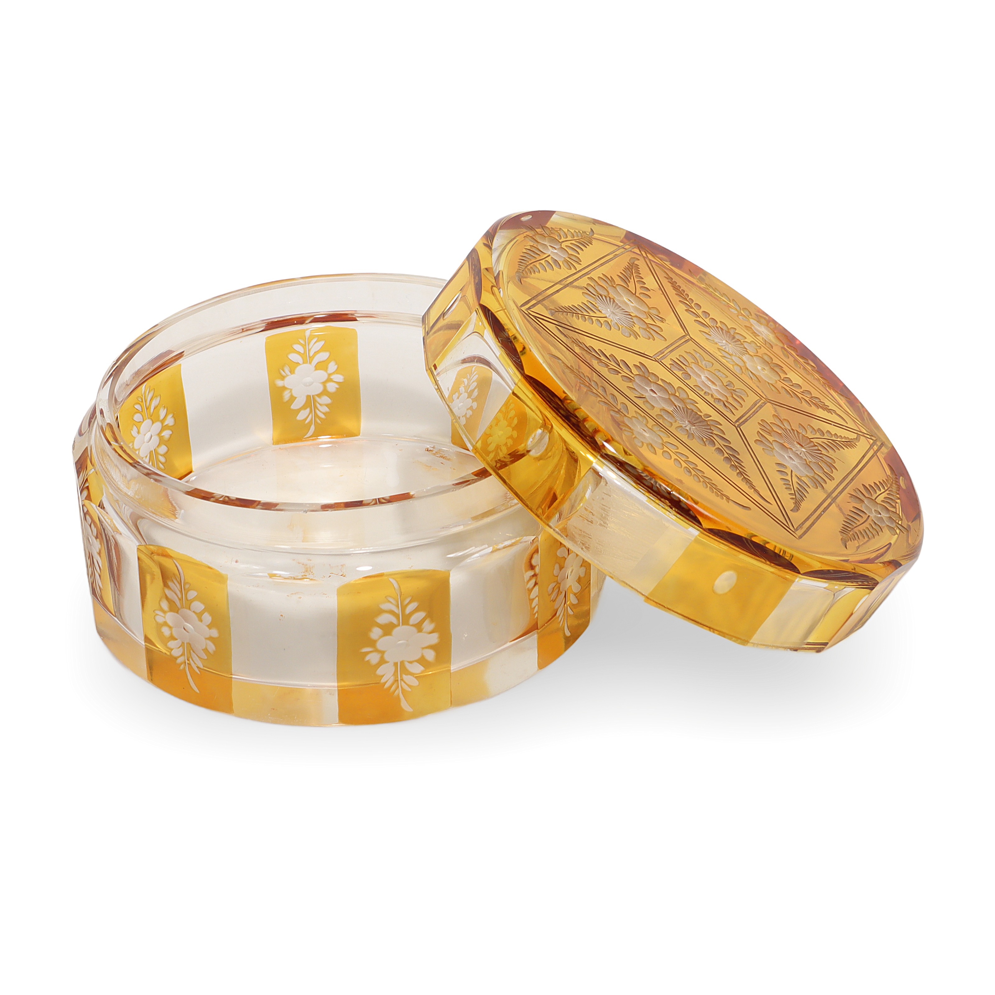 Bohemian amber cut glass trinket box with floral engraving, Art Deco vintage collectible container with lid open