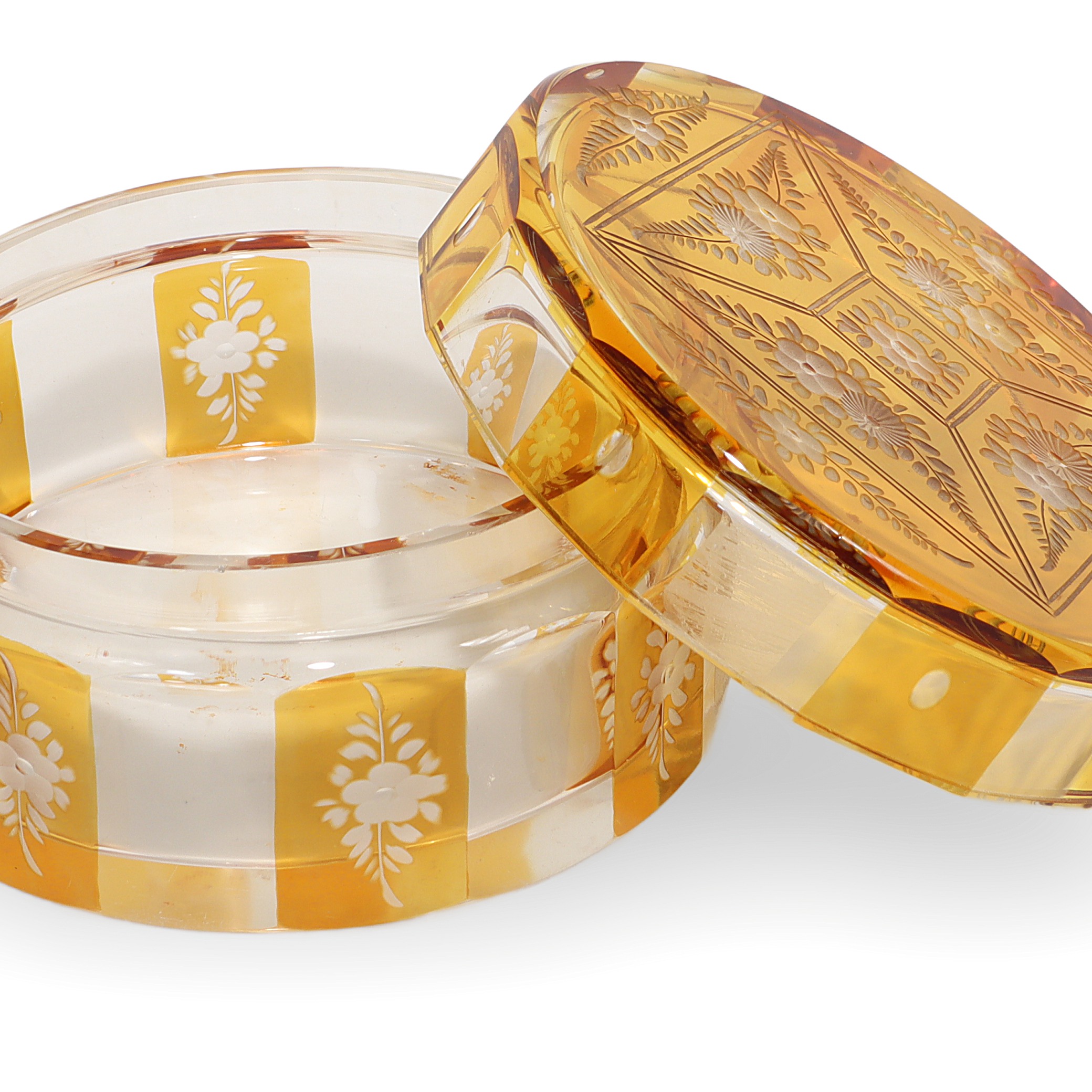 Bohemian amber cut glass trinket box with floral engraving, Art Deco vintage collectible detailed close up