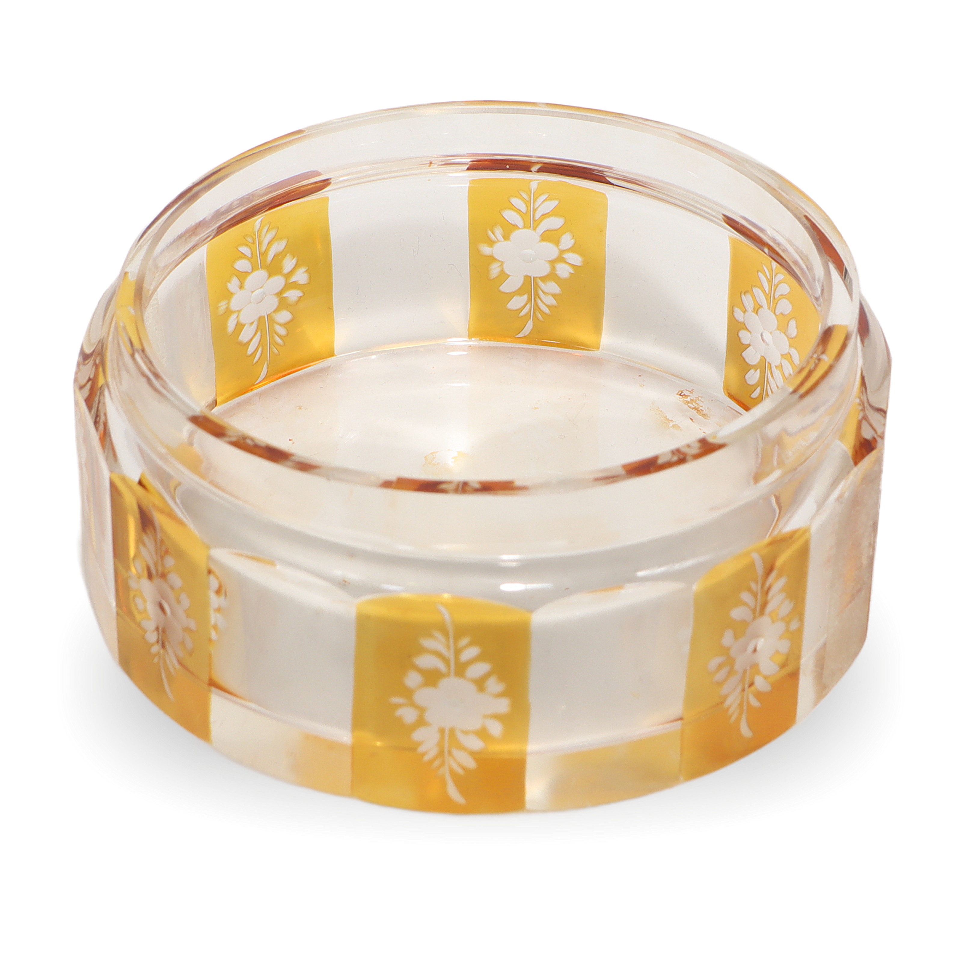 Bohemian amber cut glass trinket box with floral engraving, vintage Art Deco style, close up of decorative details