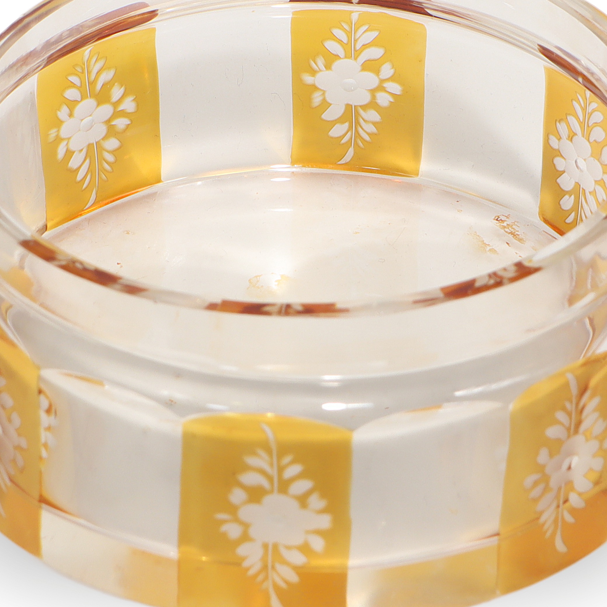 Bohemian amber cut glass trinket box close up, Art Deco floral engraved vintage collectible