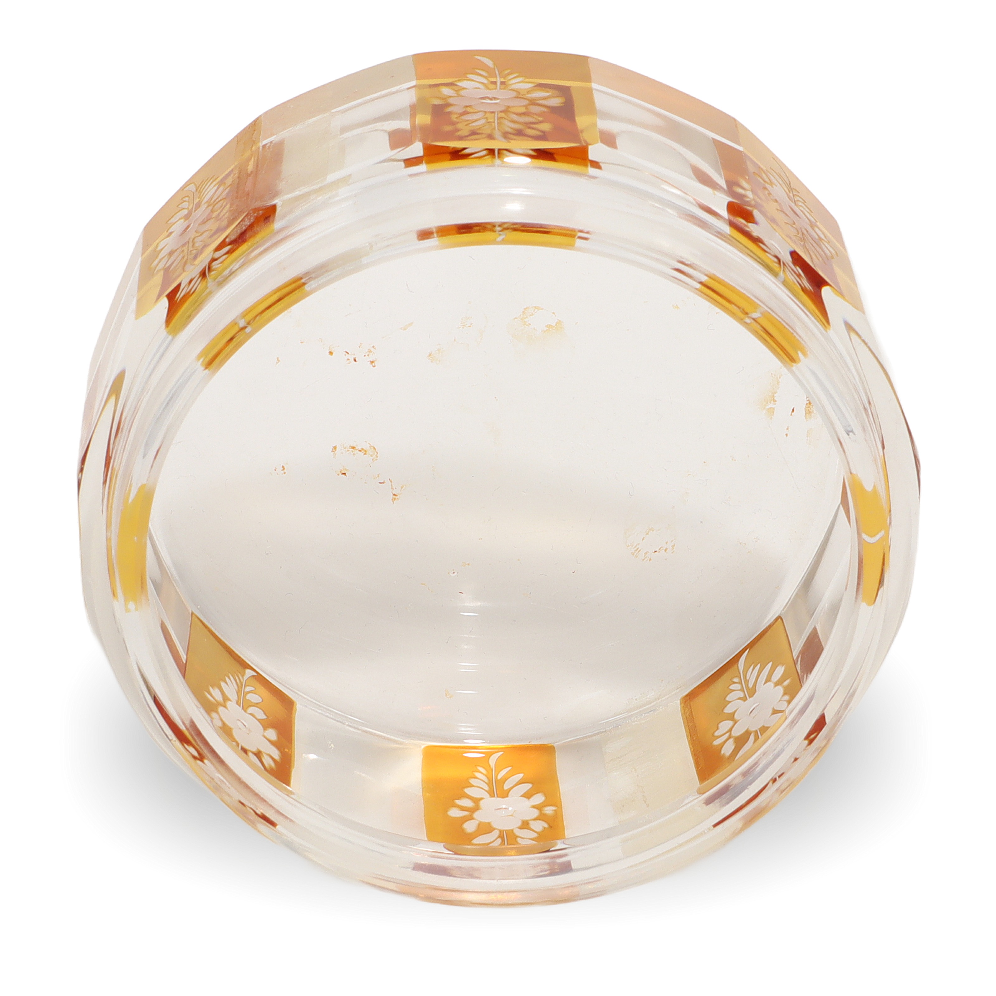 Bohemian amber cut glass trinket box base with floral engraving, vintage Art Deco collectible detailed view