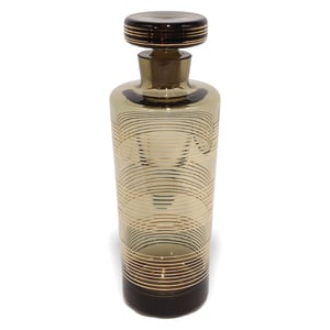 Bohemian Art Deco decanter with smoked glass and gold concentric ring pattern, vintage collectible barware