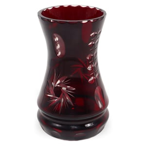 Crystal vase red cut glass with floral etched design decorative home decor