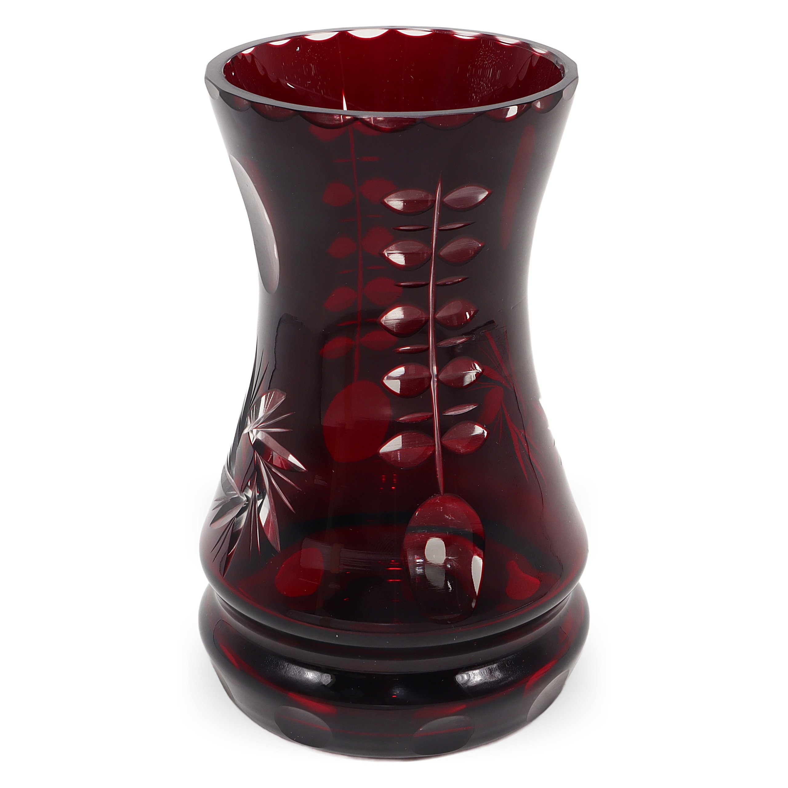 Ruby Red Crystal Vase with Floral Cut Design crystal vase ruby red floral pattern decorative glassware