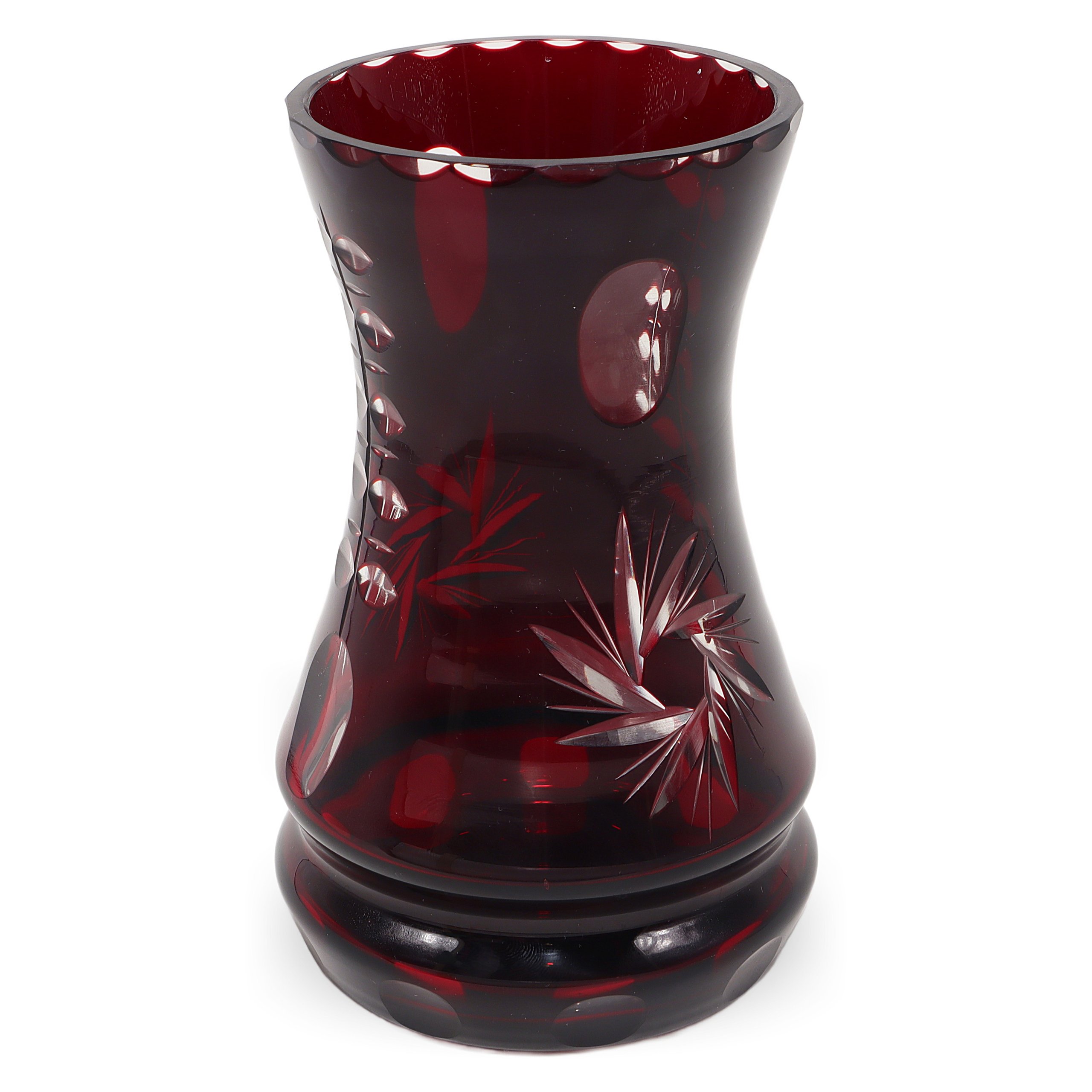 Ruby Red Crystal Vase with Floral Cut Design crystal vase ruby red floral cut glass decorative centerpiece