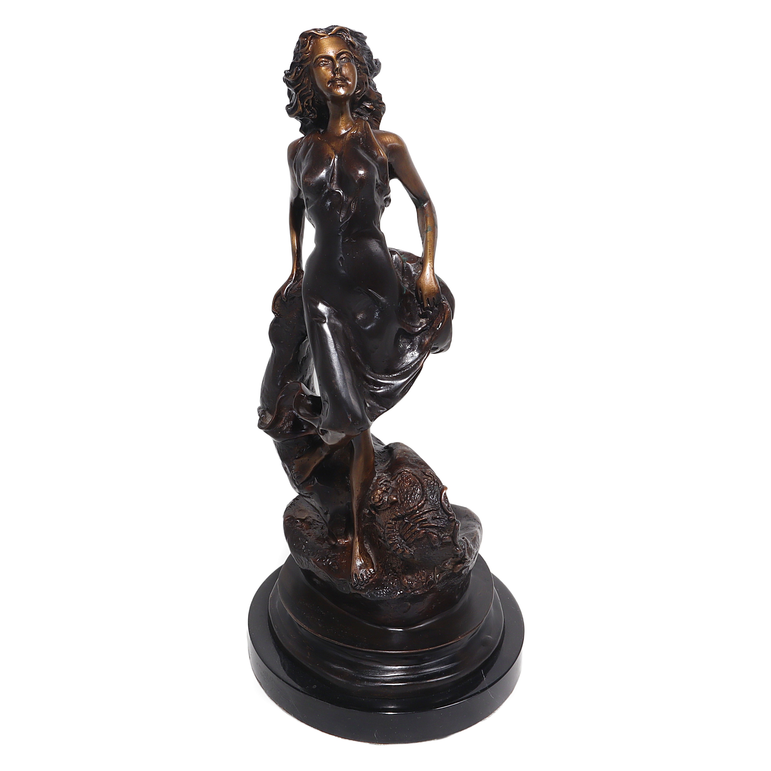 Bronze Art Nouveau Scorpio sign sculpture of woman with scorpion, detailed zodiac decor on black pedestal