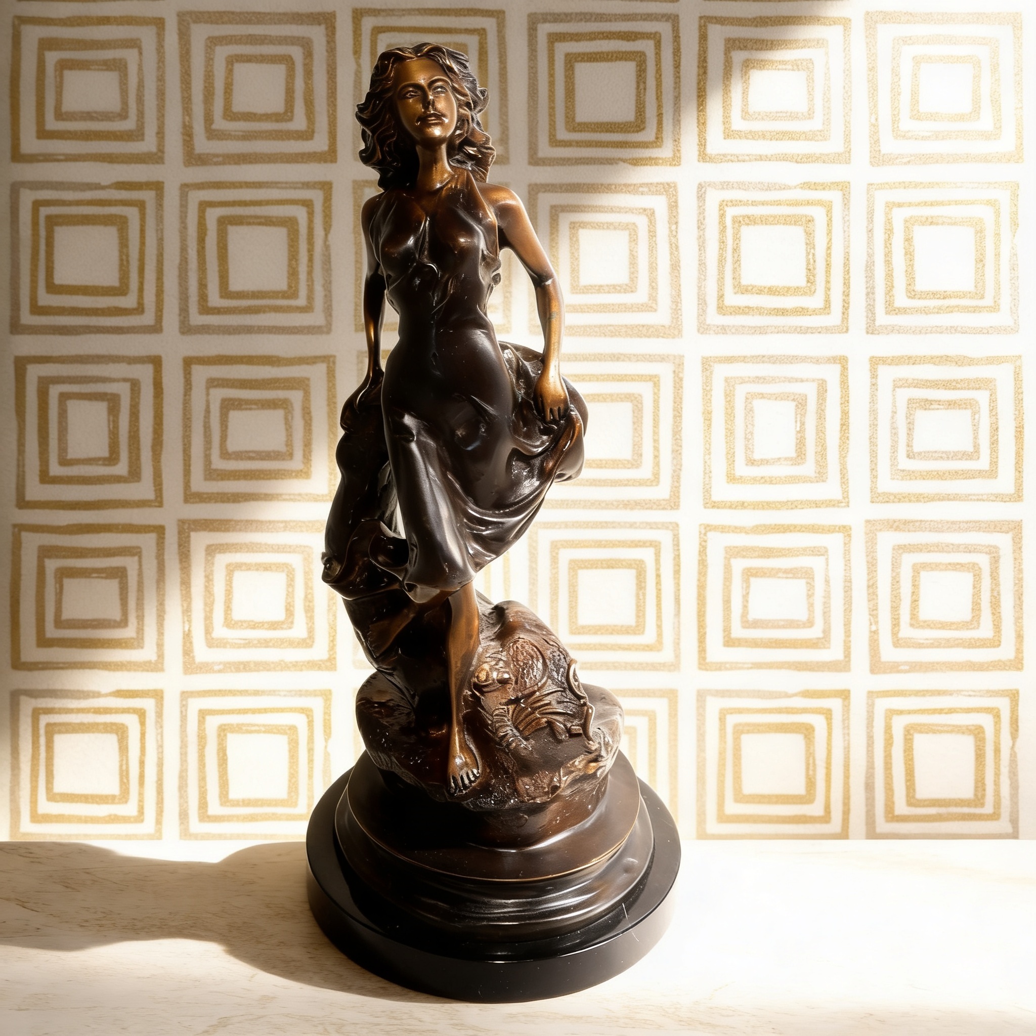 Bronze Art Nouveau Scorpio statue with elegant female figure and scorpion base, zodiac home decor