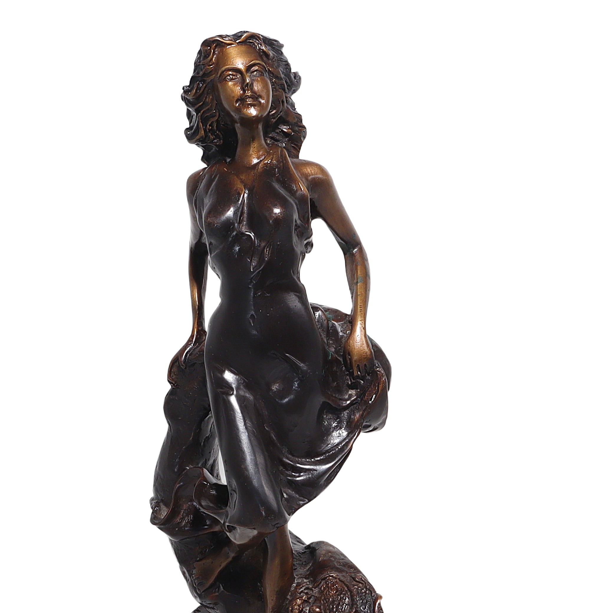 Bronze Art Nouveau Scorpio sign sculpture close up, elegant female figure, zodiac home decor