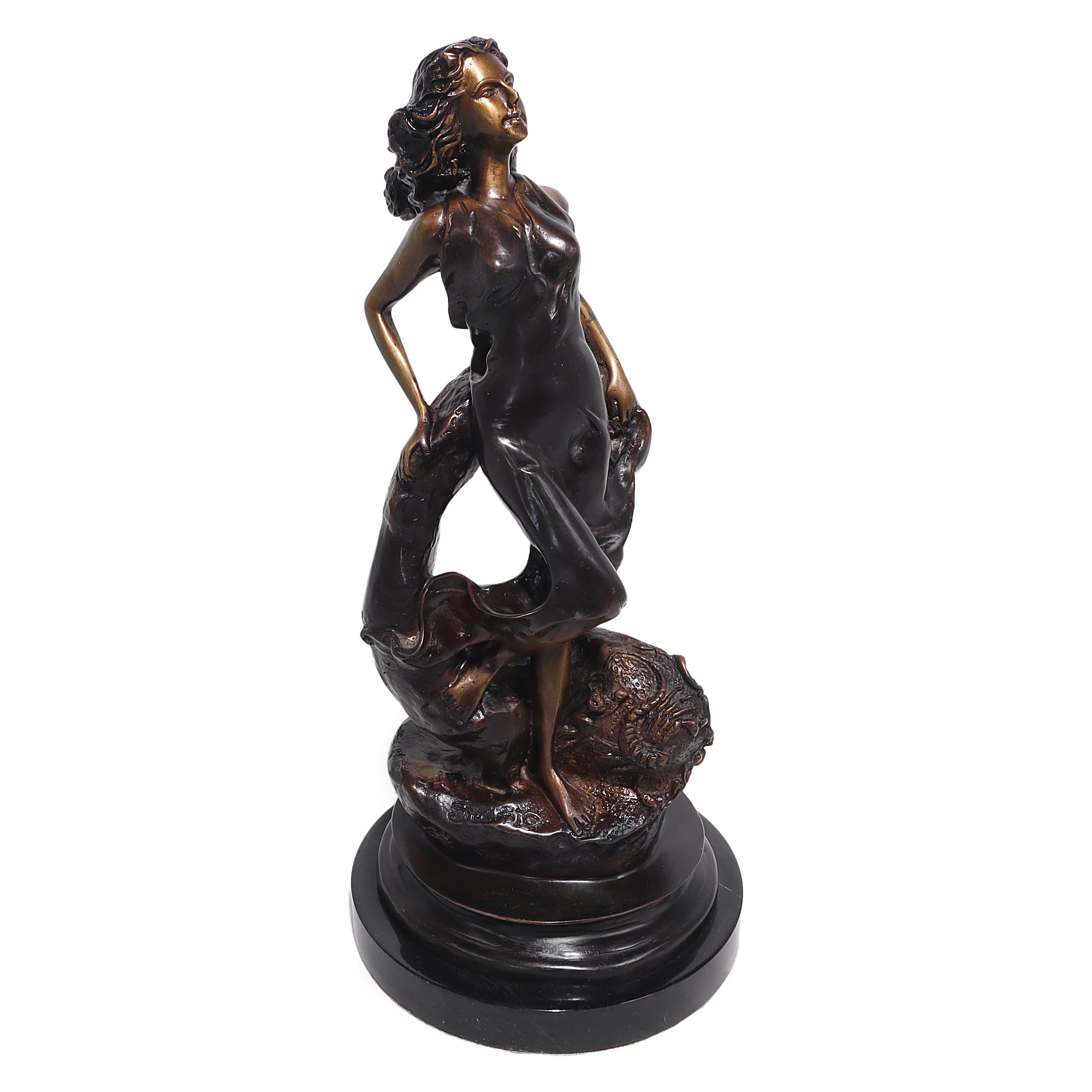Bronze Art Nouveau Scorpio sign sculpture featuring elegant female figure with flowing dress and detailed base