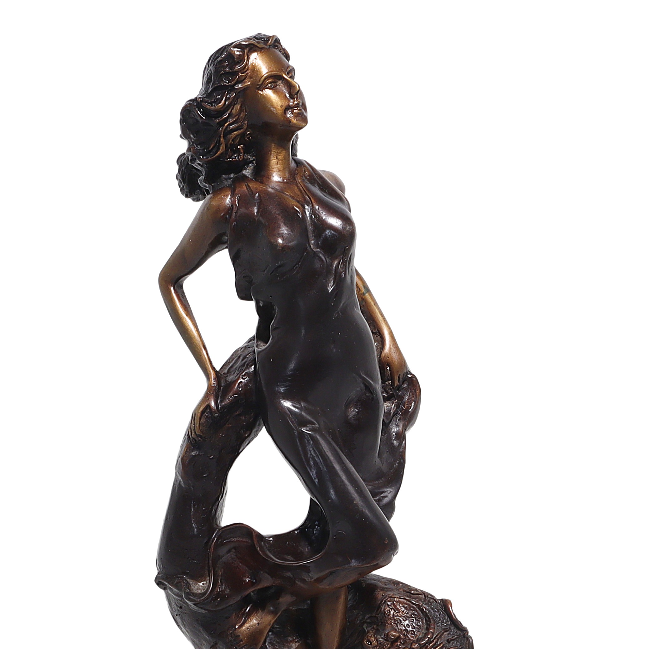 Bronze Art Nouveau scorpio sign statue close up, elegant female figure decorative zodiac art