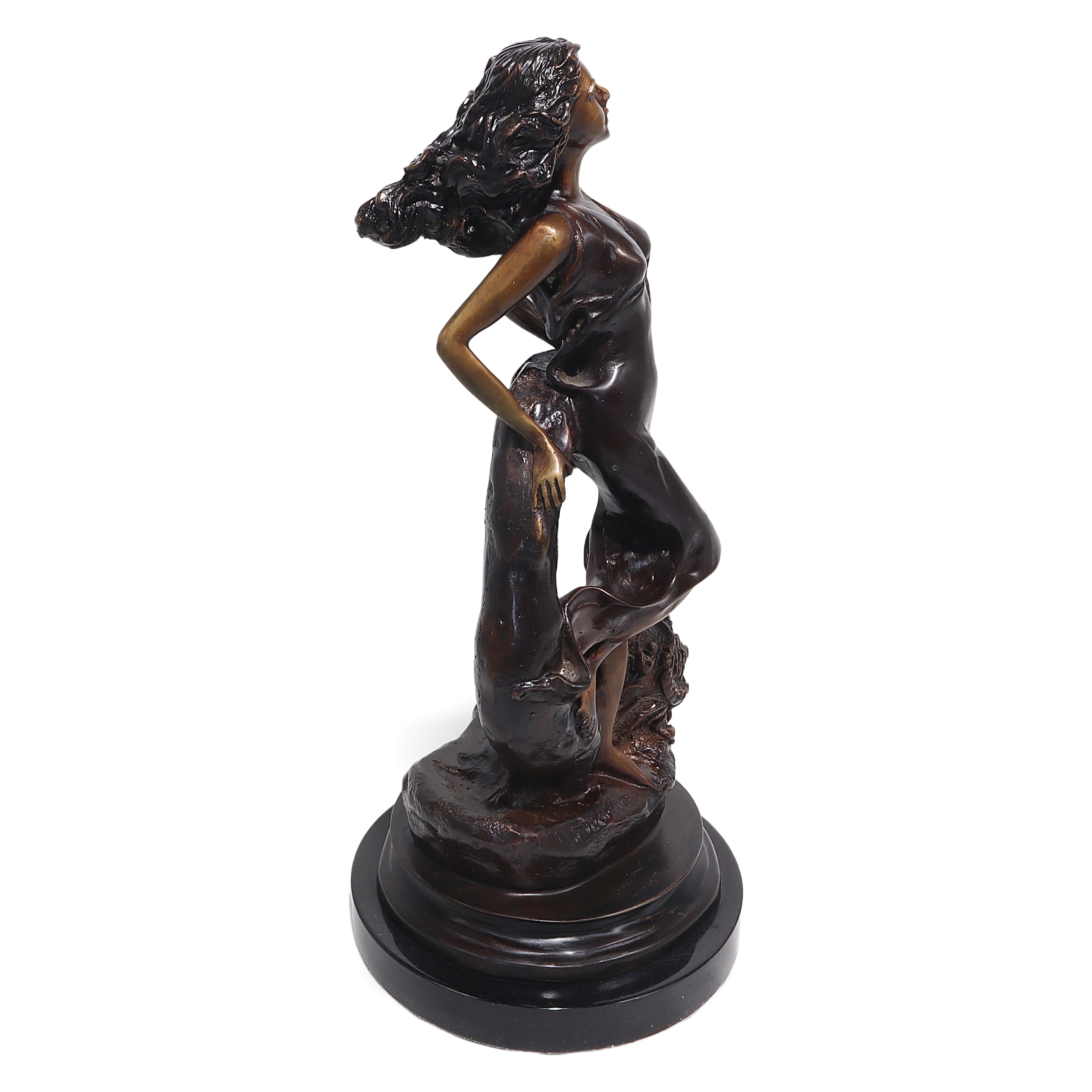 Bronze Art Nouveau sculpture of Scorpio zodiac sign, elegant female figure, detailed view on round base