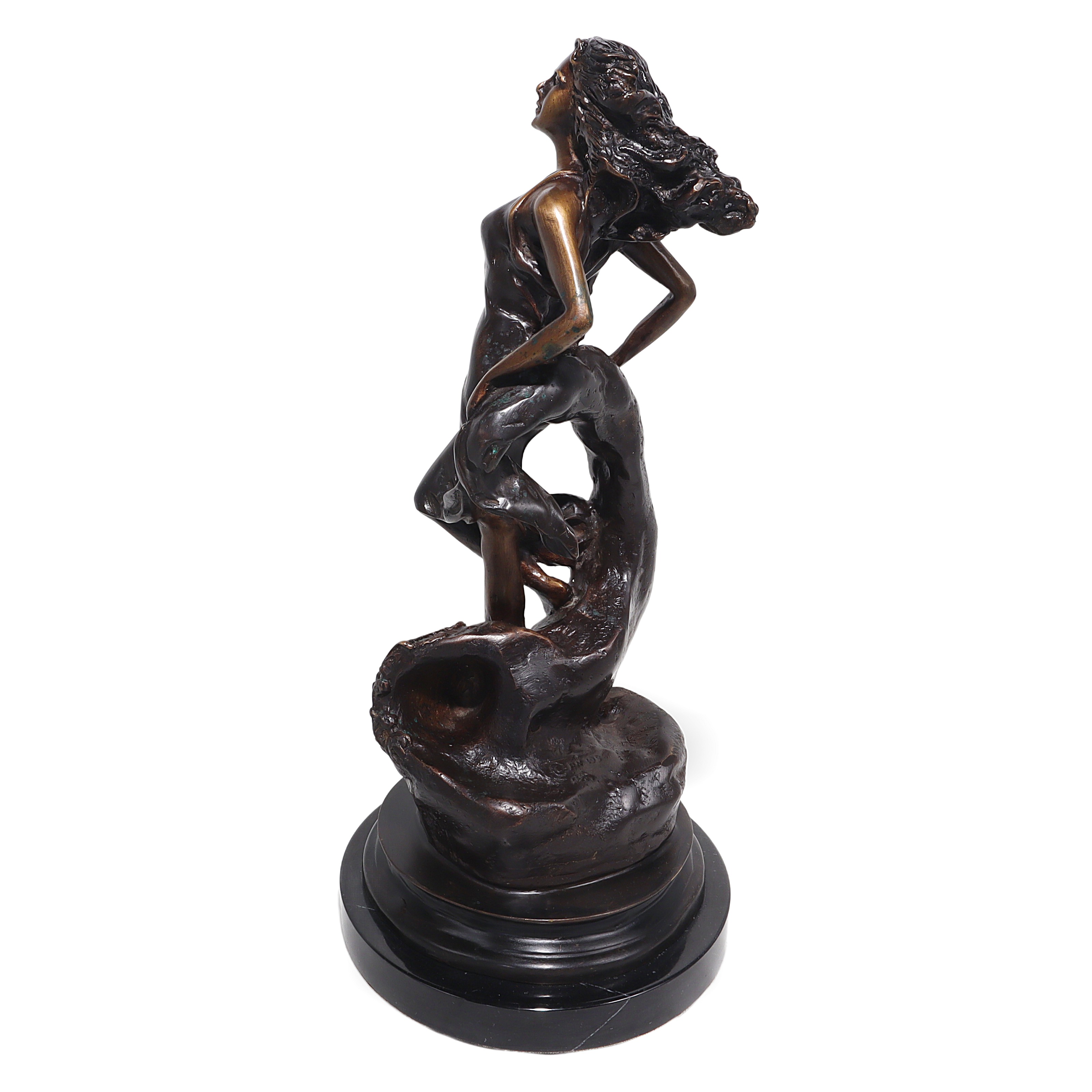 bronze art nouveau scorpio sign statue with flowing female figure on black pedestal