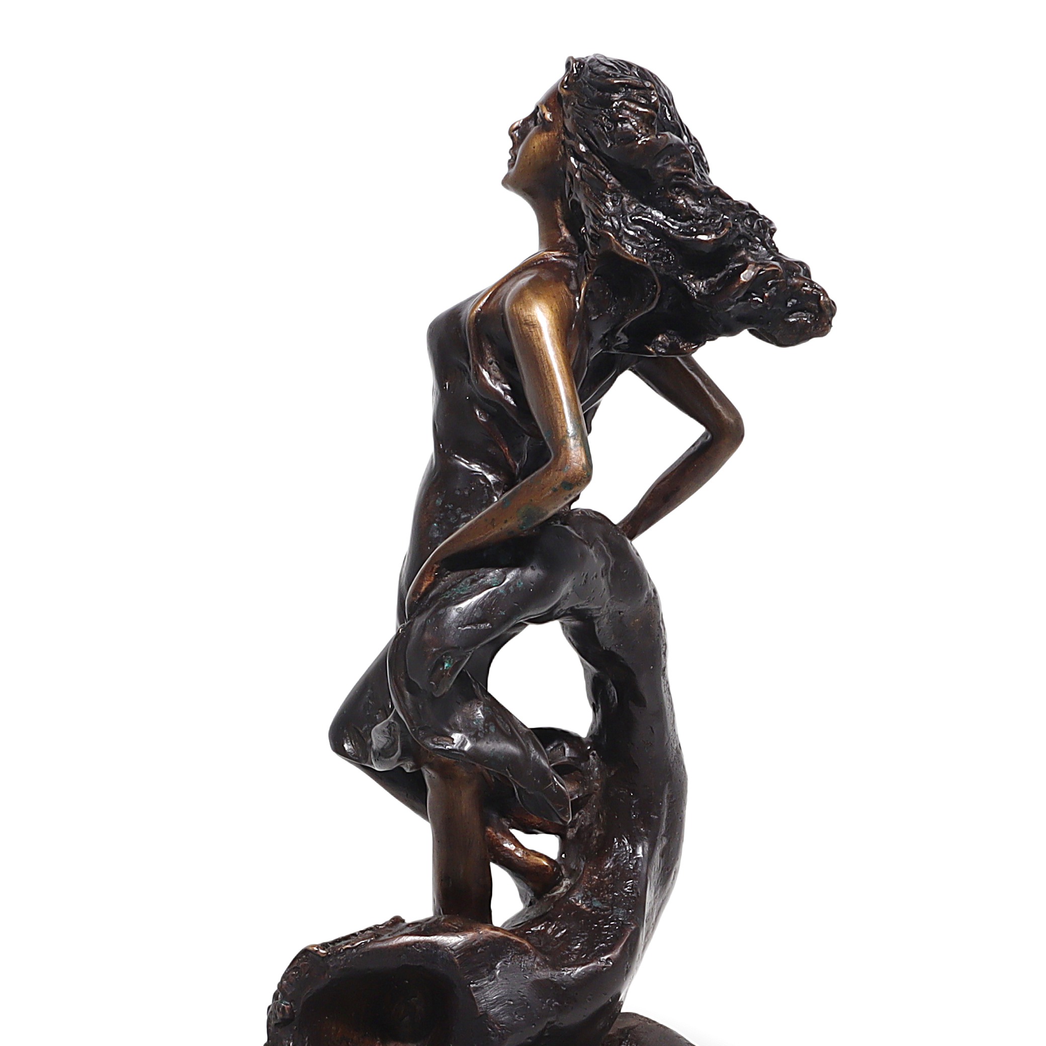 Art Nouveau bronze Scorpio sign statue with flowing female figure, detailed close up
