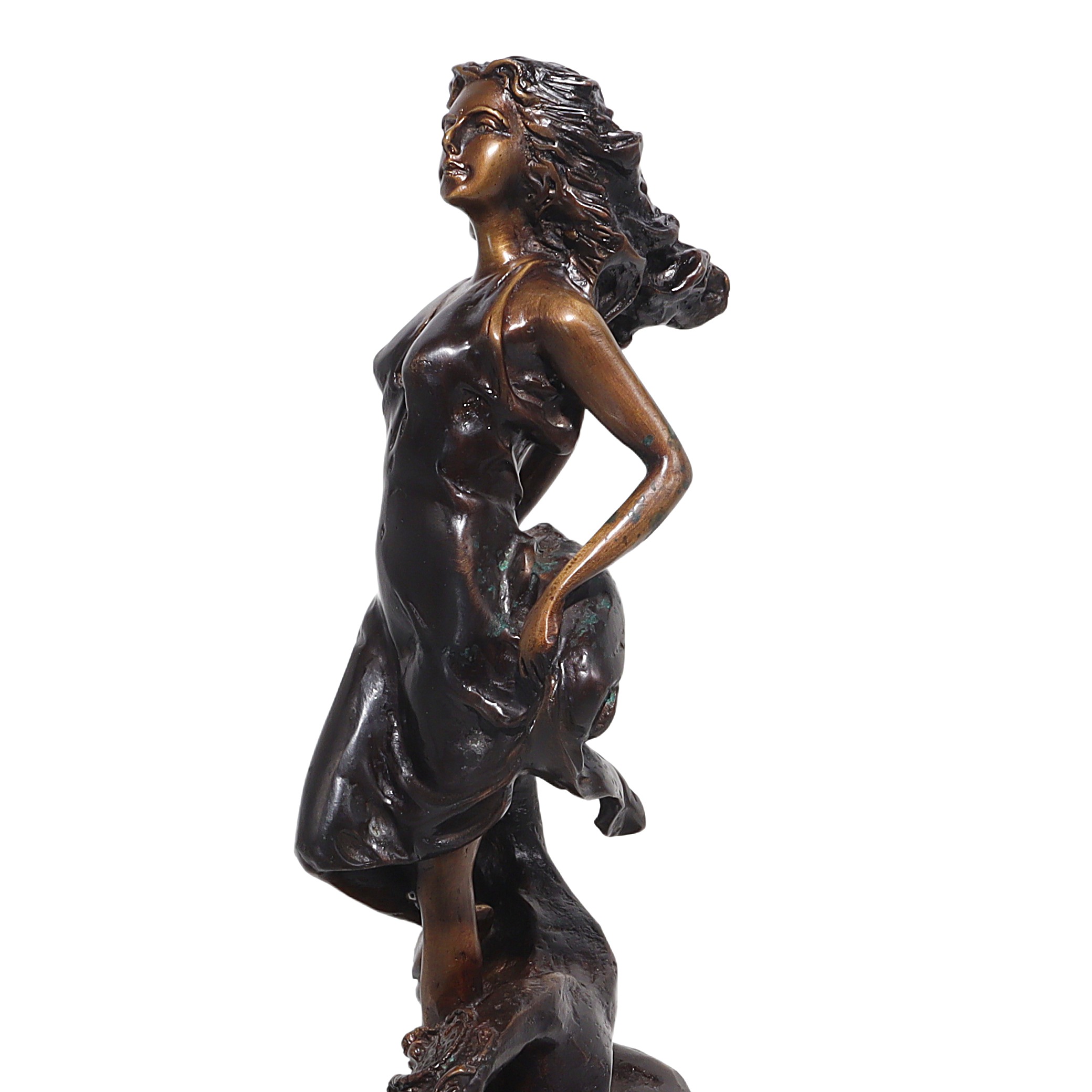 Bronze Art Nouveau Scorpio sign sculpture close up, elegant female figure, vintage zodiac decor