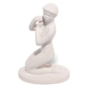 Bodrogkeresztur porcelain girl with braids vintage figurine, kneeling pose, collectible ceramic sculpture