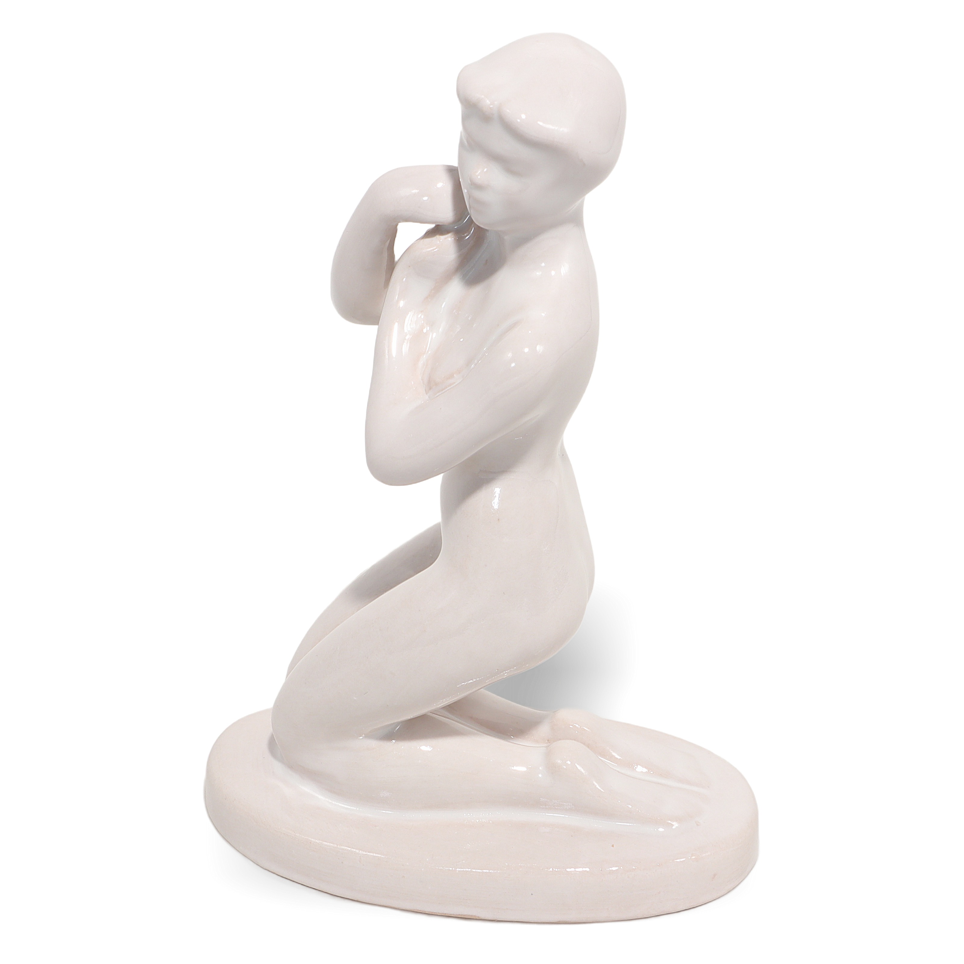 Bodrogkeresztur porcelain girl with braids vintage figurine kneeling detailed view