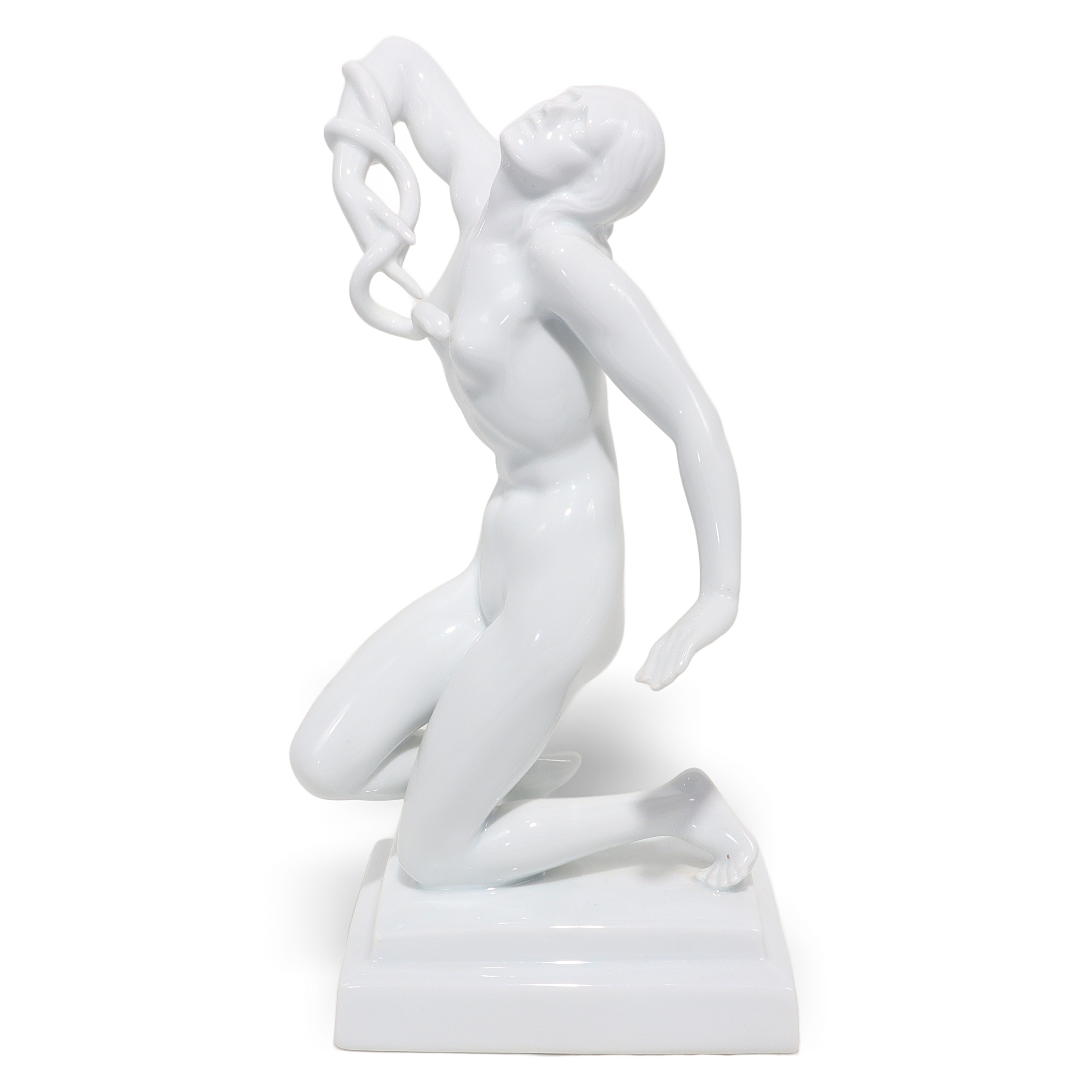 Herend Cleopatra art deco white porcelain statue, elegant kneeling female figure with snake, luxury collectible home decor