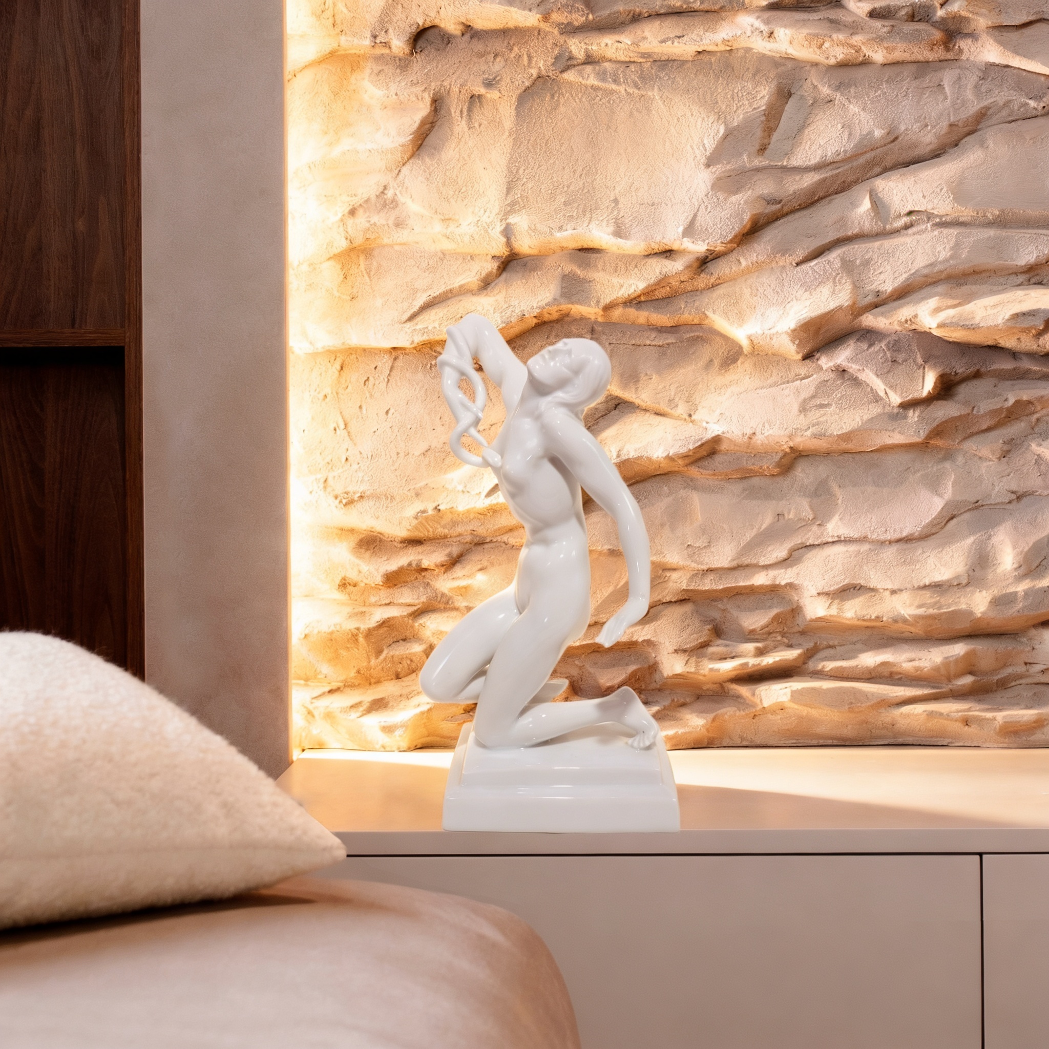 Herend Cleopatra art deco white porcelain statue detailed view, luxury home decor sculpture on modern shelf
