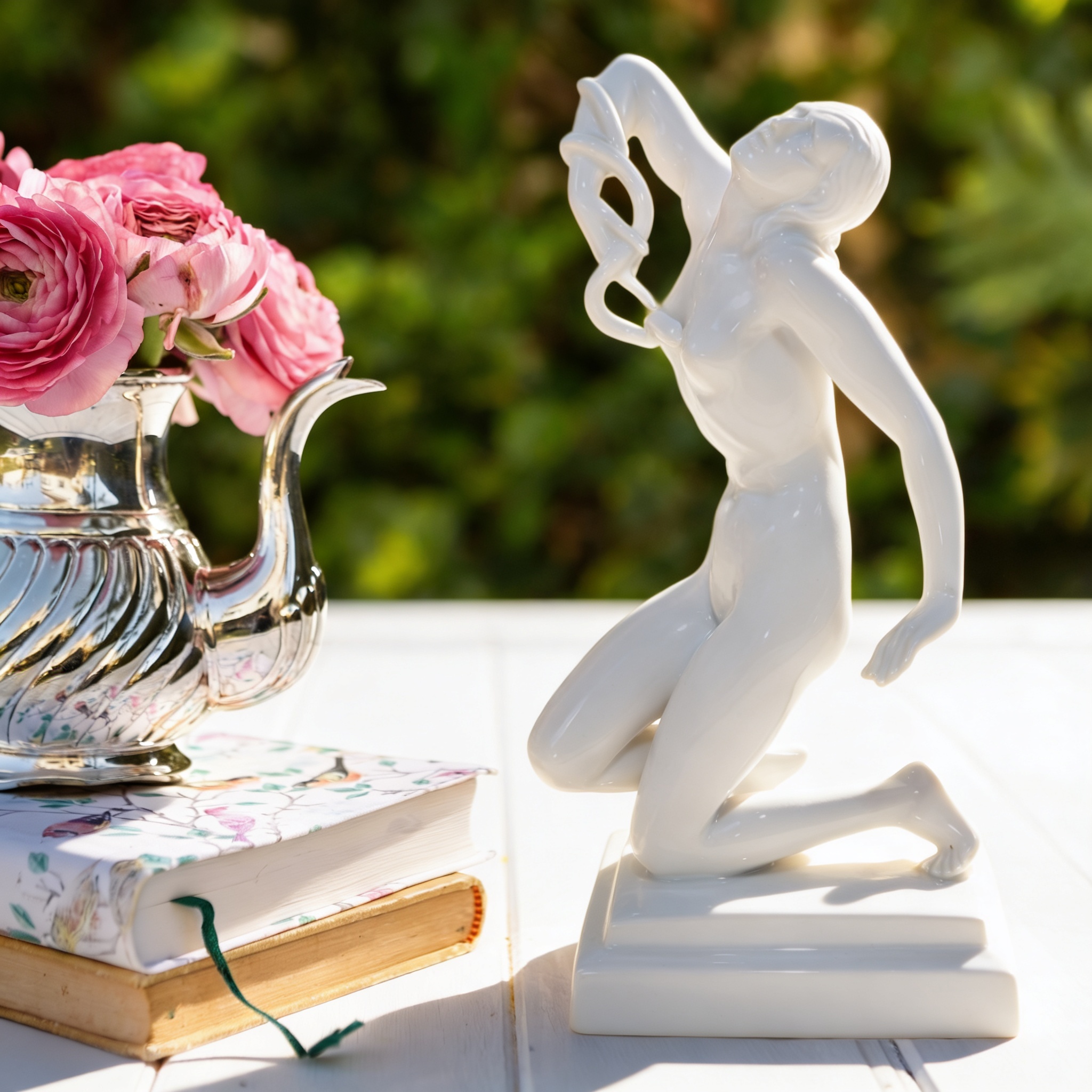 Herend Cleopatra art deco white porcelain statue detailed view with flowers and teapot on table