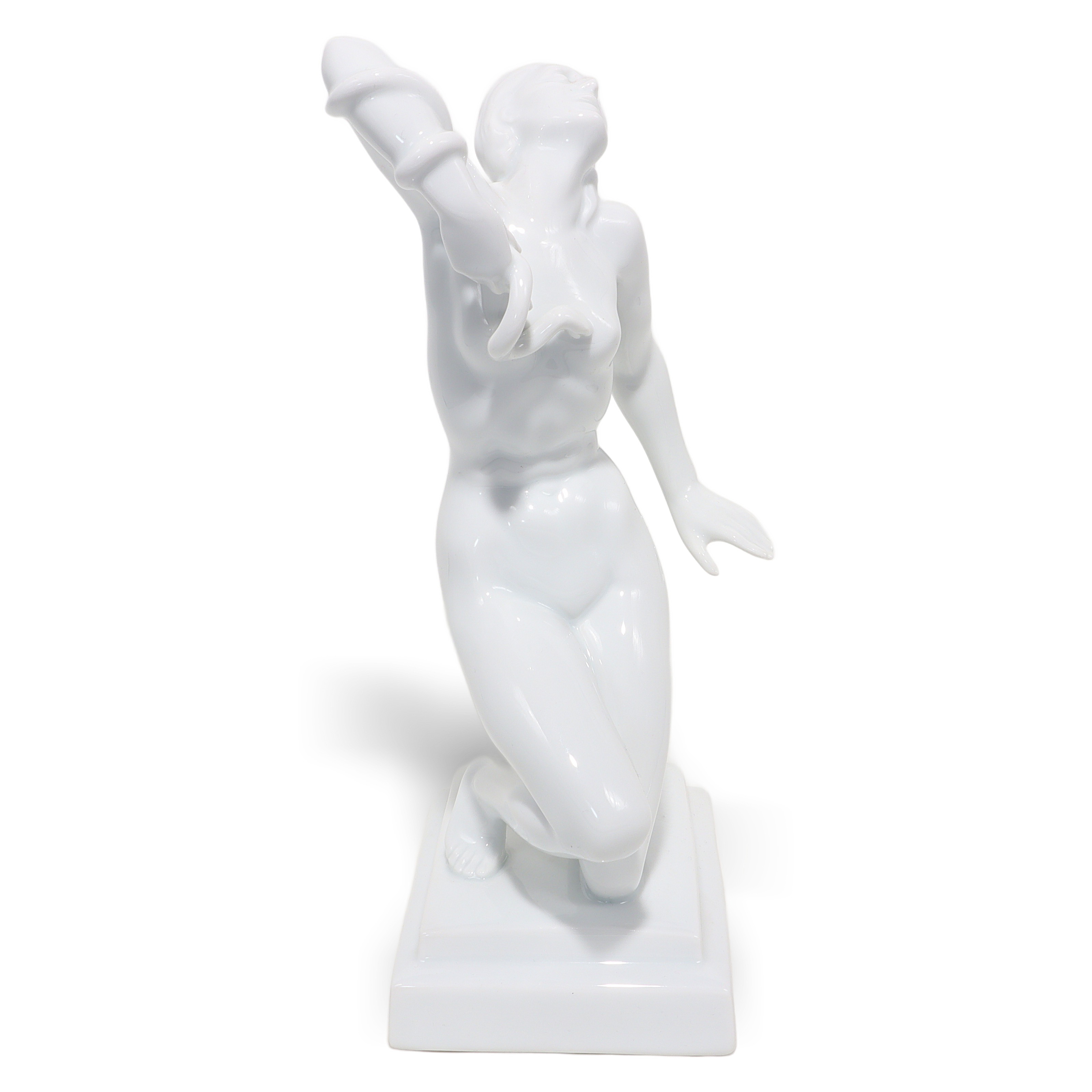 Herend Cleopatra art deco white porcelain statue close up, elegant kneeling female figure collectible sculpture